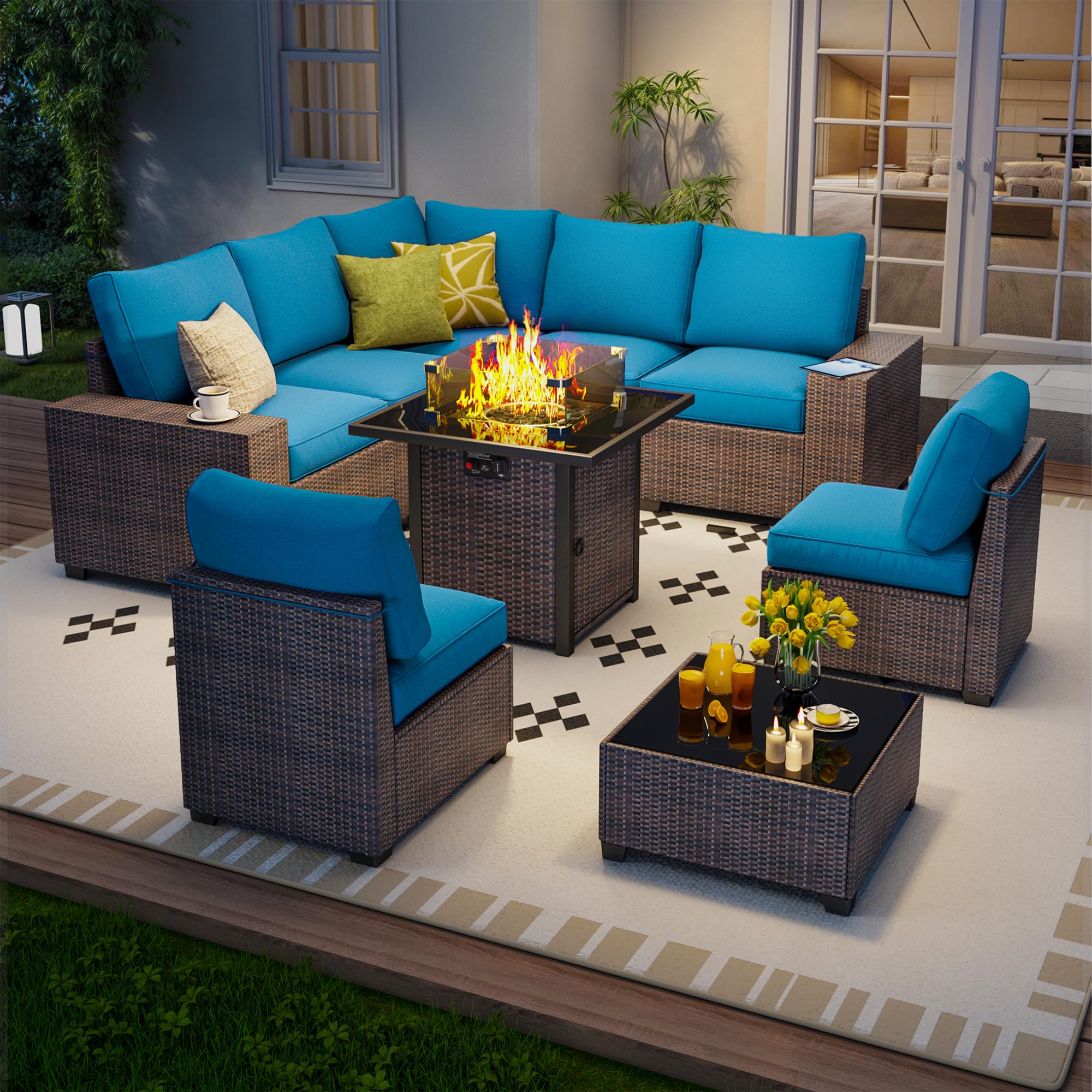 7 Piece Outdoor Patio Furniture Set, Outdoor Sectional Furniture, Rattan & Wicker Modern Modular Conversation Set Sectional Sofa W/Water Resistant Washable Thick Cushions and Coffee Table, Brown/Beige