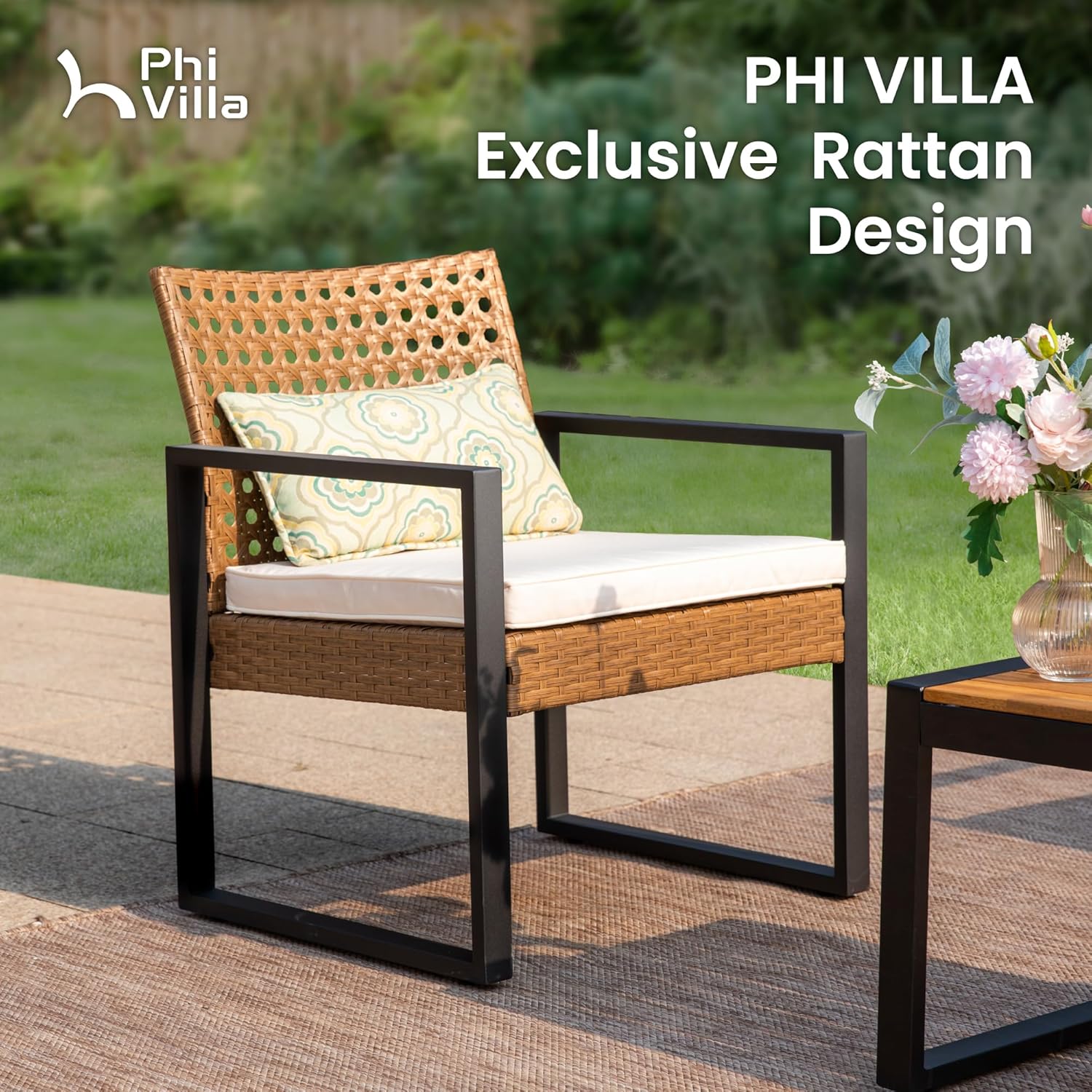 PHI VILLA Patio Wicker Furniture Set for 4, Brown Rattan Loveseat & Chairs with Beige Cushions & Acacia Wood Coffee Table, Outdoor Conversation Sofa Set for Deck, Yard, Porch (Round Hole Back)