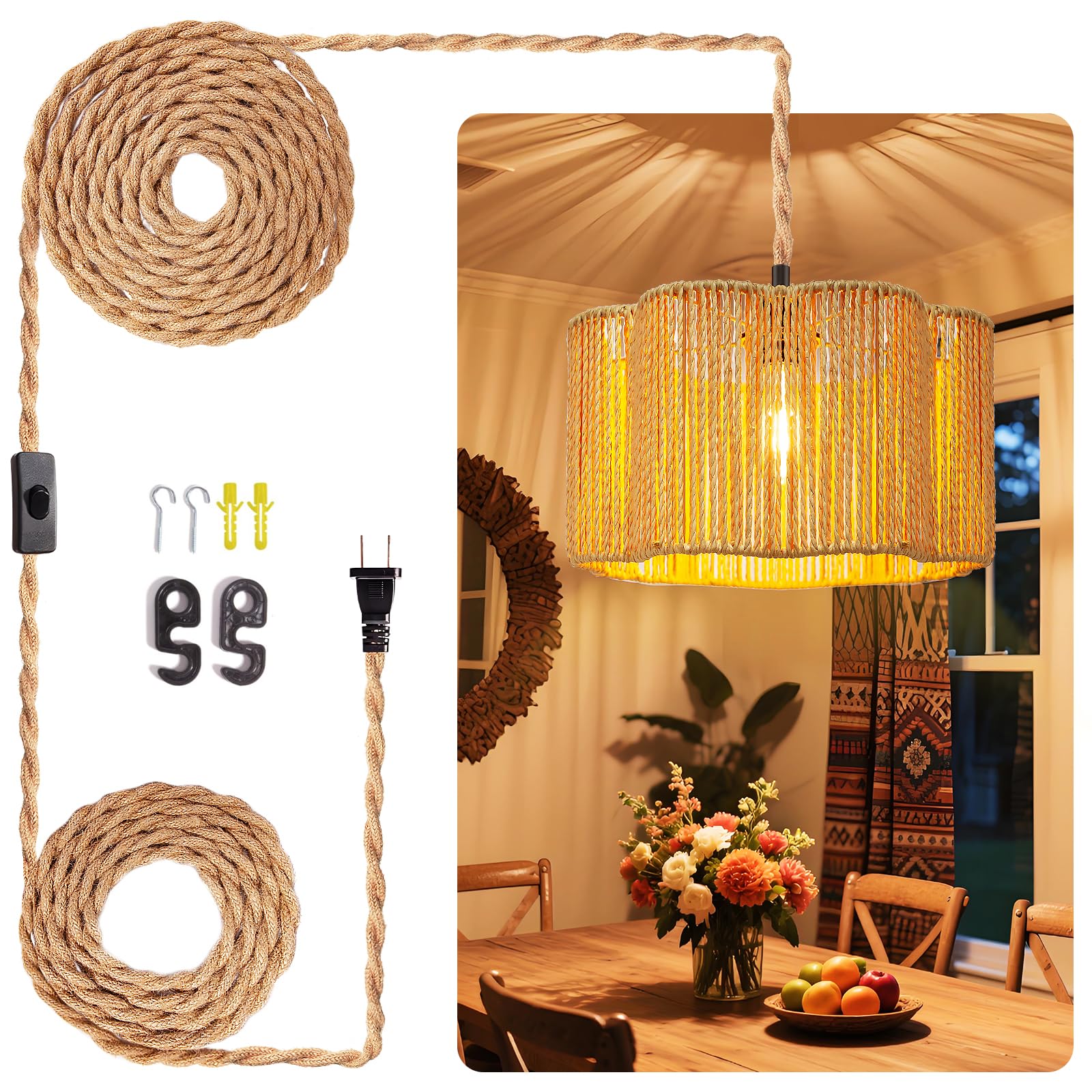 Hanging Lamps Rattan Pendant Light Hanging Lights 16.4ft Plug in Cord Pendant Light Fixture Plug Into Wall Outlet Pendant Lighting with On Off Switch for Bedroom Living (Egg Shade)