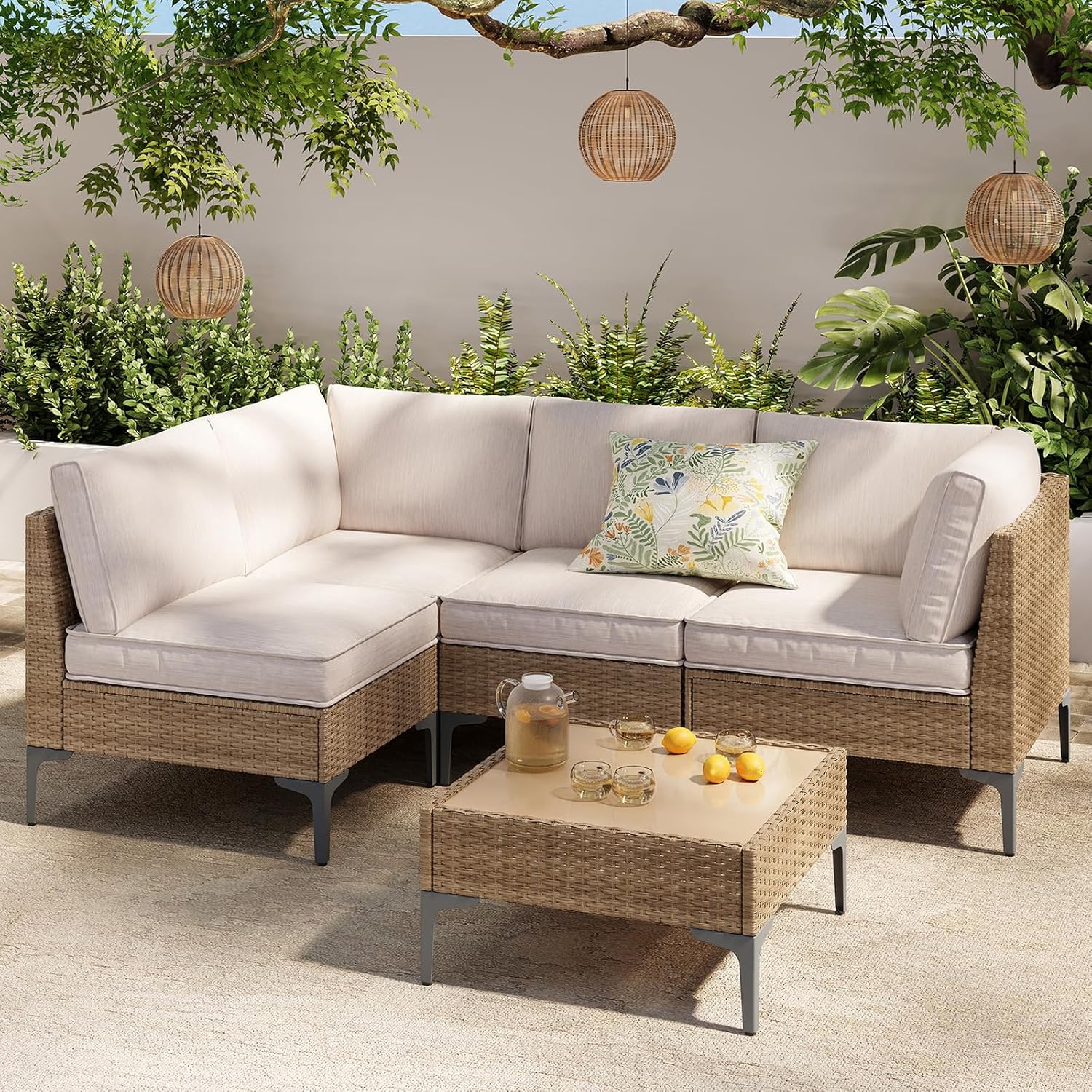 5-Piece Patio Furniture Set, Outdoor Wicker Sectional Sofa with Coffee Table, Anti-Slip & Thick All-Weather Cushions for Party, Garden, Backyard, Beige