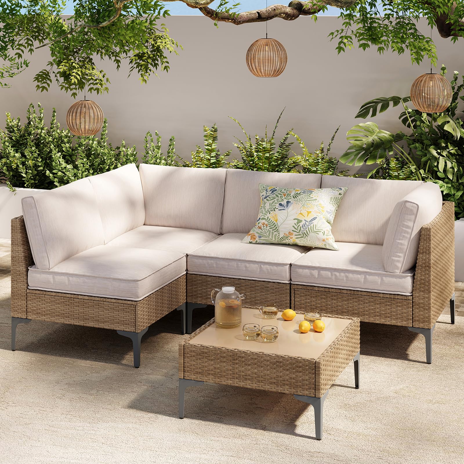 5-Piece Patio Furniture Set, Outdoor Wicker Sectional Sofa with Coffee Table, Anti-Slip & Thick All-Weather Cushions for Party, Garden, Backyard, Beige