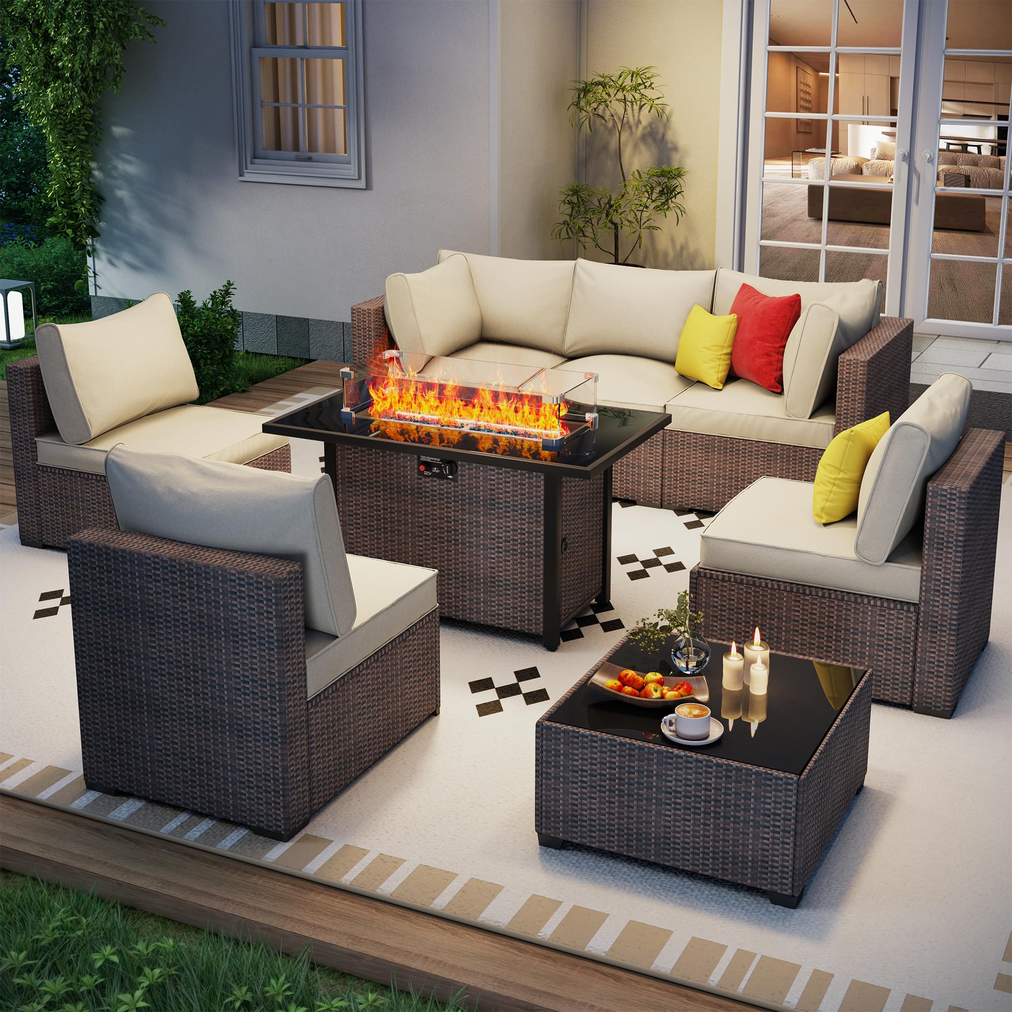 7 Piece Outdoor Patio Furniture Set, Outdoor Sectional Furniture, Rattan & Wicker Modern Modular Conversation Set Sectional Sofa W/Water Resistant Washable Thick Cushions and Coffee Table, Brown/Beige