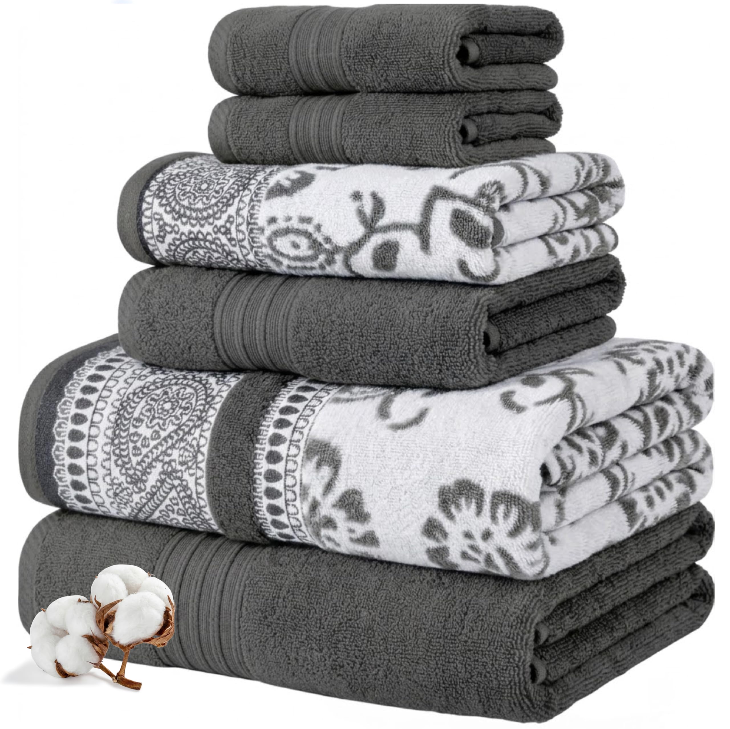 Modern Threads Floral Trail 6-Piece 100% Cotton Towel Set – Reversible Yarn Dyed Jacquard – Includes 2 Bath Towels, 2 Hand Towels, 2 Washcloths – Absorbent, Quick Dry, Soft & Durable – Taupe Brown