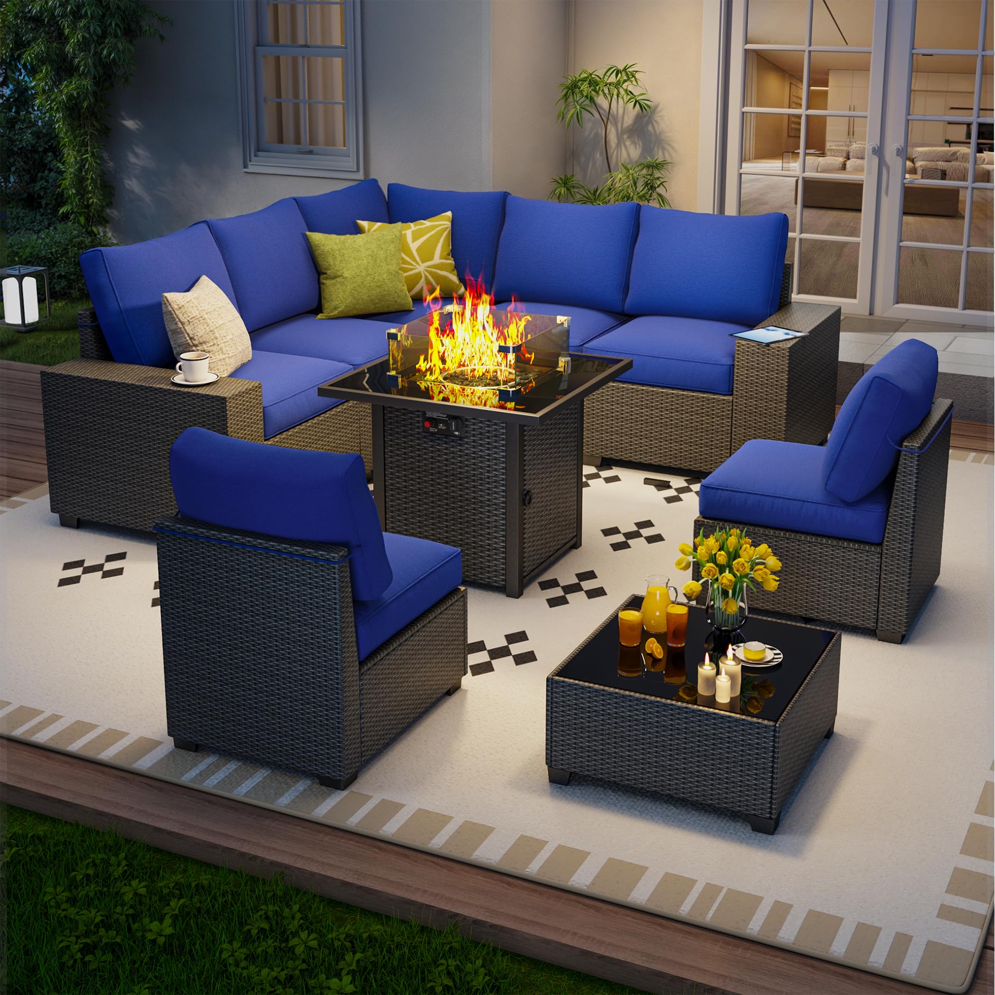 7 Piece Outdoor Patio Furniture Set, Outdoor Sectional Furniture, Rattan & Wicker Modern Modular Conversation Set Sectional Sofa W/Water Resistant Washable Thick Cushions and Coffee Table, Brown/Beige