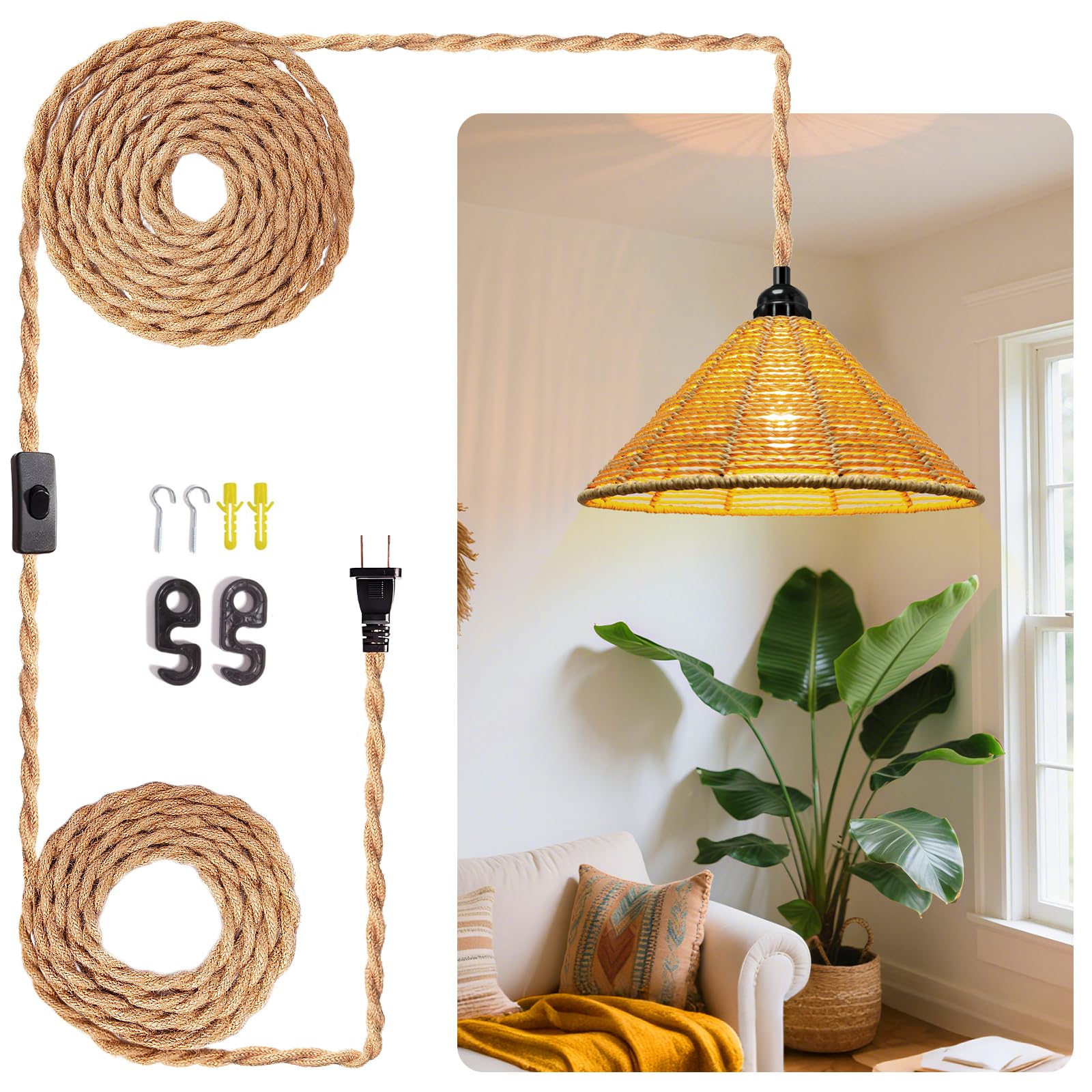 Hanging Lamps Rattan Pendant Light Hanging Lights 16.4ft Plug in Cord Pendant Light Fixture Plug Into Wall Outlet Pendant Lighting with On Off Switch for Bedroom Living (Egg Shade)