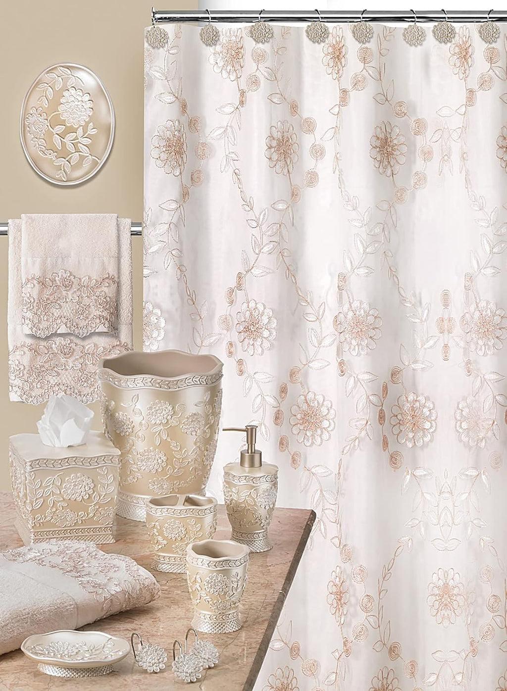 Zahari Home Rose Vine Bathroom Towel Set - 3 Piece Towel Set in Beige - Modern Decor, Unique Design