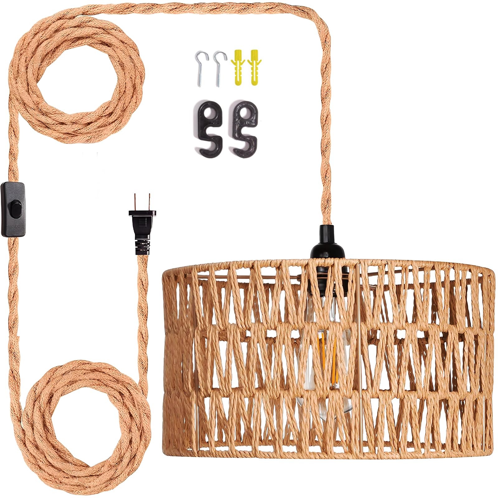Hanging Lamps Rattan Pendant Light Hanging Lights 16.4ft Plug in Cord Pendant Light Fixture Plug Into Wall Outlet Pendant Lighting with On Off Switch for Bedroom Living (Egg Shade)