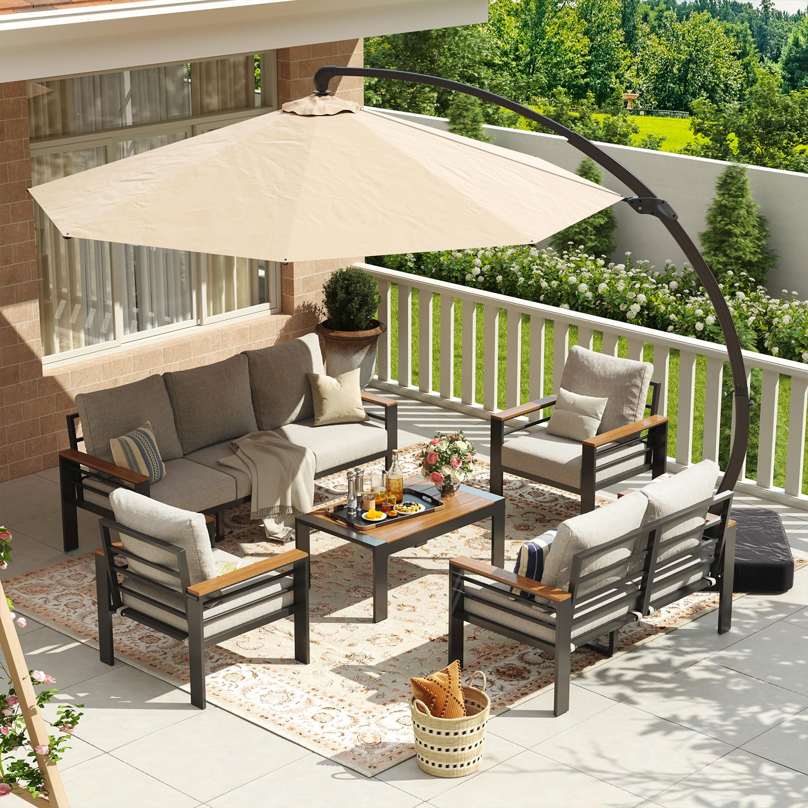 Aoxun Aluminum Patio Furniture Set 7 Seats, Oversized Outdoor Sectional with Washable Thick Cushions, Coffee Table and Waterproof Cover, Patio Conversation Sets for Porch, Balcony, Deck