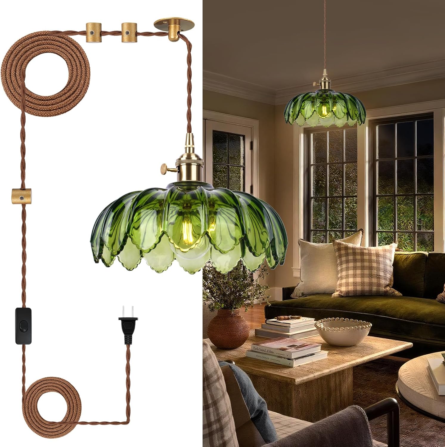 Vintage Green Flower Glass Pendant Light, Hanging Ceiling Lamp Fixture for Kitchen Island, Bedroom, Dining Room, Living Room, Plug in Lighting