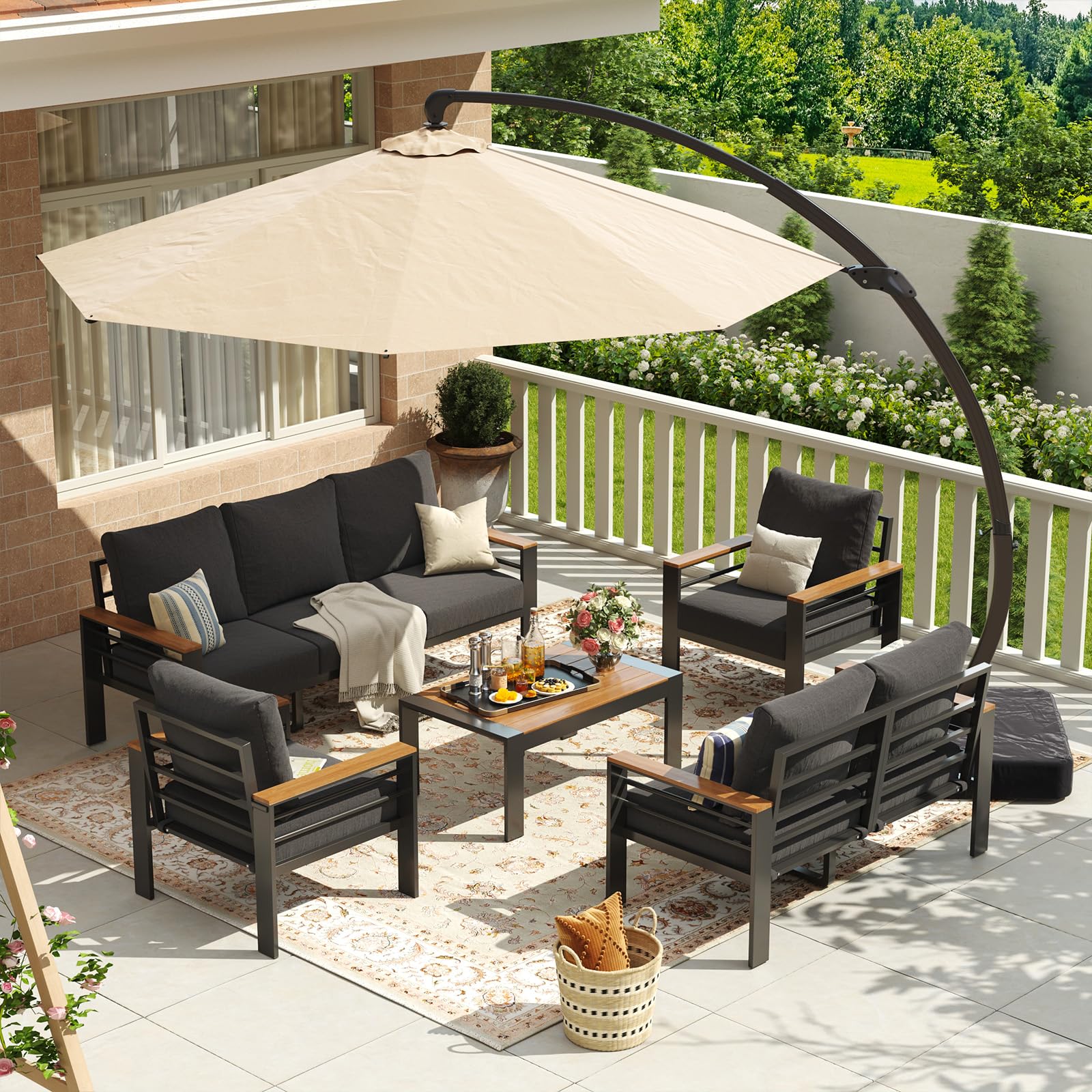 Aoxun Aluminum Patio Furniture Set 7 Seats, Oversized Outdoor Sectional with Washable Thick Cushions, Coffee Table and Waterproof Cover, Patio Conversation Sets for Porch, Balcony, Deck