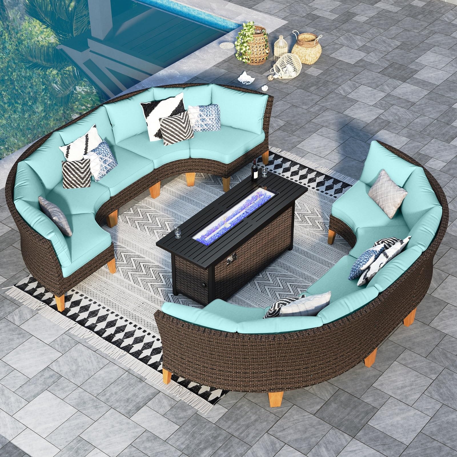 Sophia & William Half Moon Patio Furniture Set 7 Piece Outdoor Sectional Sofa Set, Wicker Patio Conversation Set with 2 Curved Sofa, 1 Armless Chairs, 2 Ottoman for Pool, Deck, Lawn (Beige)