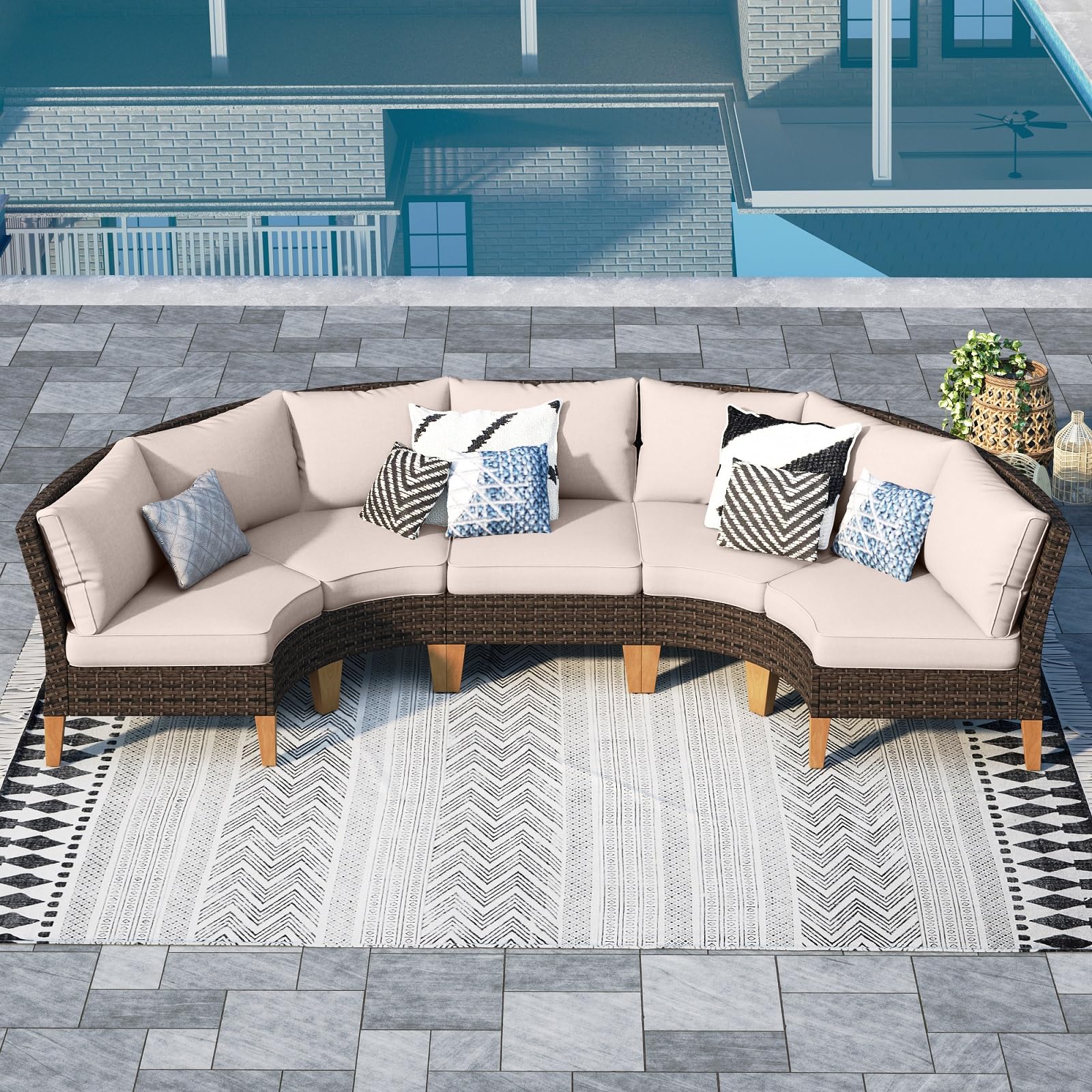 Sophia & William Half Moon Patio Furniture Set 7 Piece Outdoor Sectional Sofa Set, Wicker Patio Conversation Set with 2 Curved Sofa, 1 Armless Chairs, 2 Ottoman for Pool, Deck, Lawn (Beige)