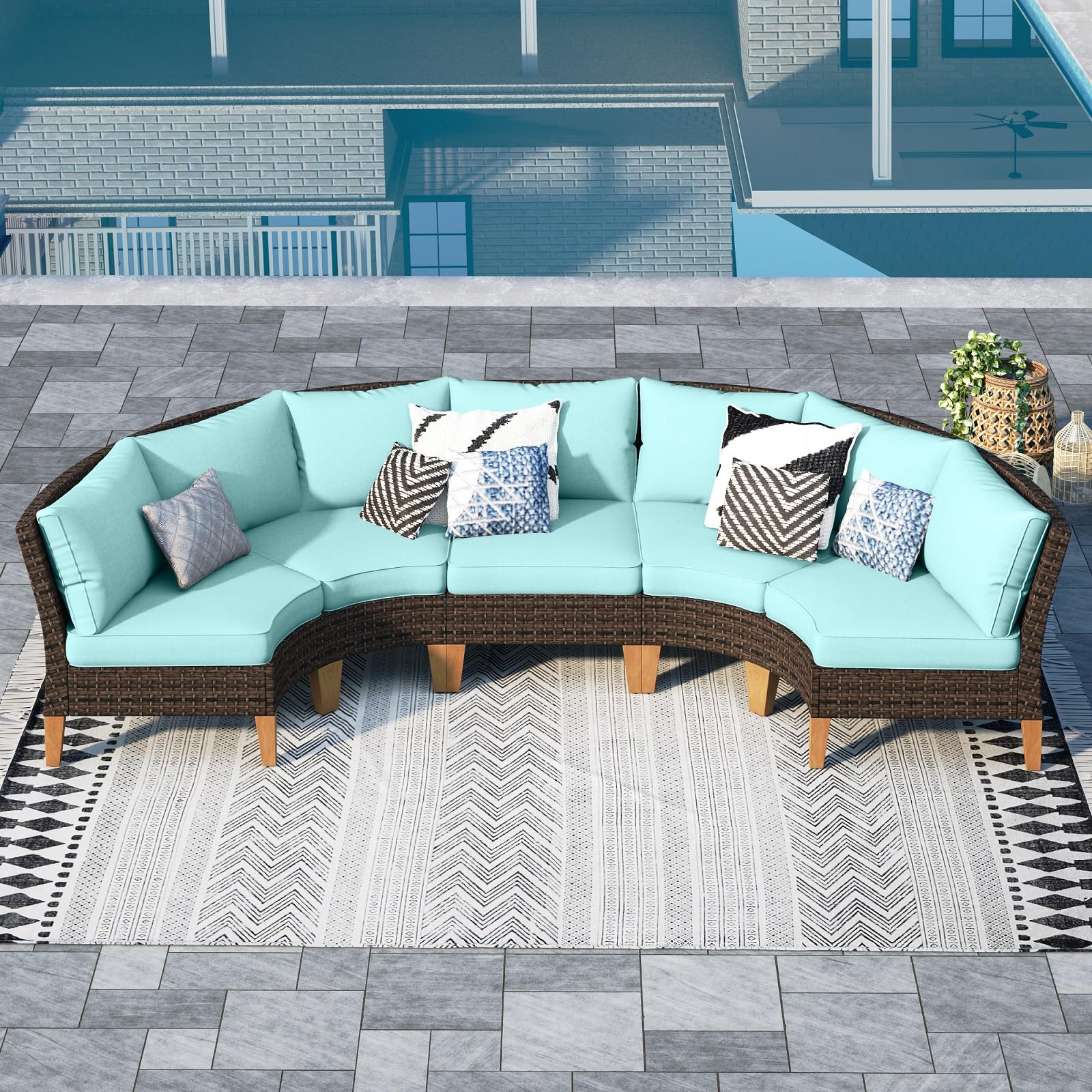 Sophia & William Half Moon Patio Furniture Set 7 Piece Outdoor Sectional Sofa Set, Wicker Patio Conversation Set with 2 Curved Sofa, 1 Armless Chairs, 2 Ottoman for Pool, Deck, Lawn (Beige)