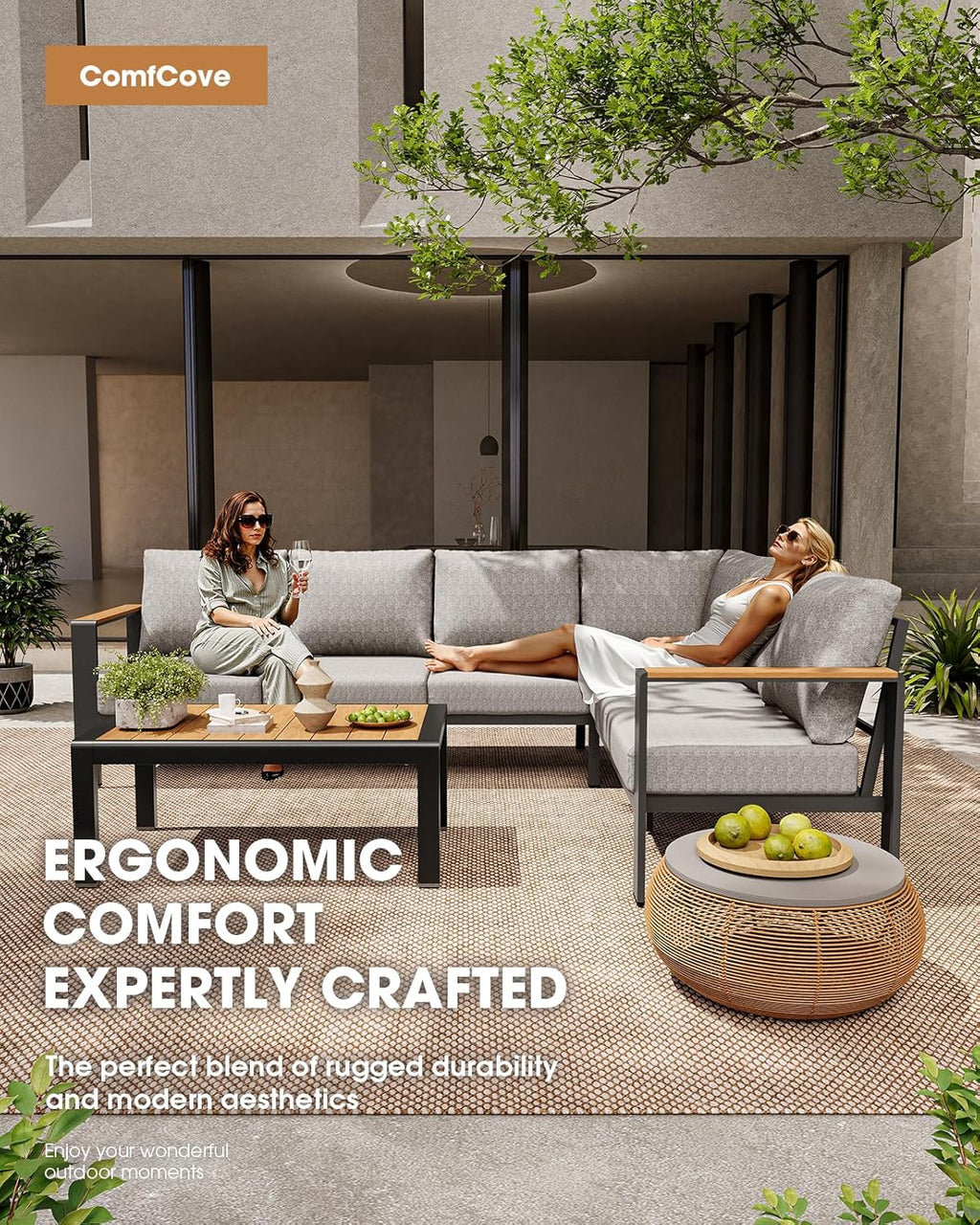 Aluminum Outdoor Patio Furniture Set 6 Seats, Outdoor Sectional Corner Sofa with Thick Waterproof Cushions & Coffee Table, Patio Conversation Sets for Backyard, Porch, Balcony, Deck, Gray