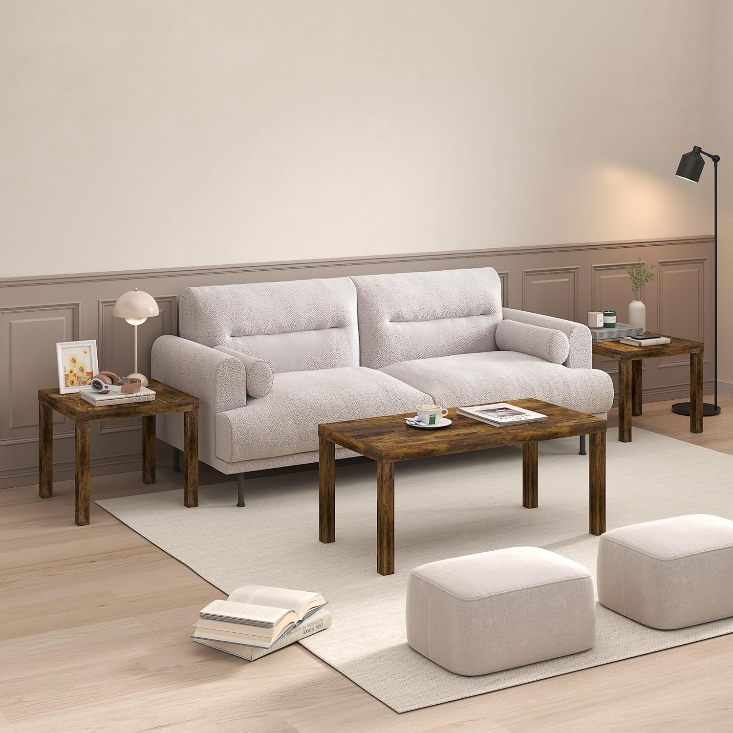 Furinno Classic Side Table Set of 2, Square Modern End Table with 1.8" Triple Thick Tabletop, Simple Night Stand, Bedside Table, Toolless Assembly, for Living Room, Bedroom, Amber Pine