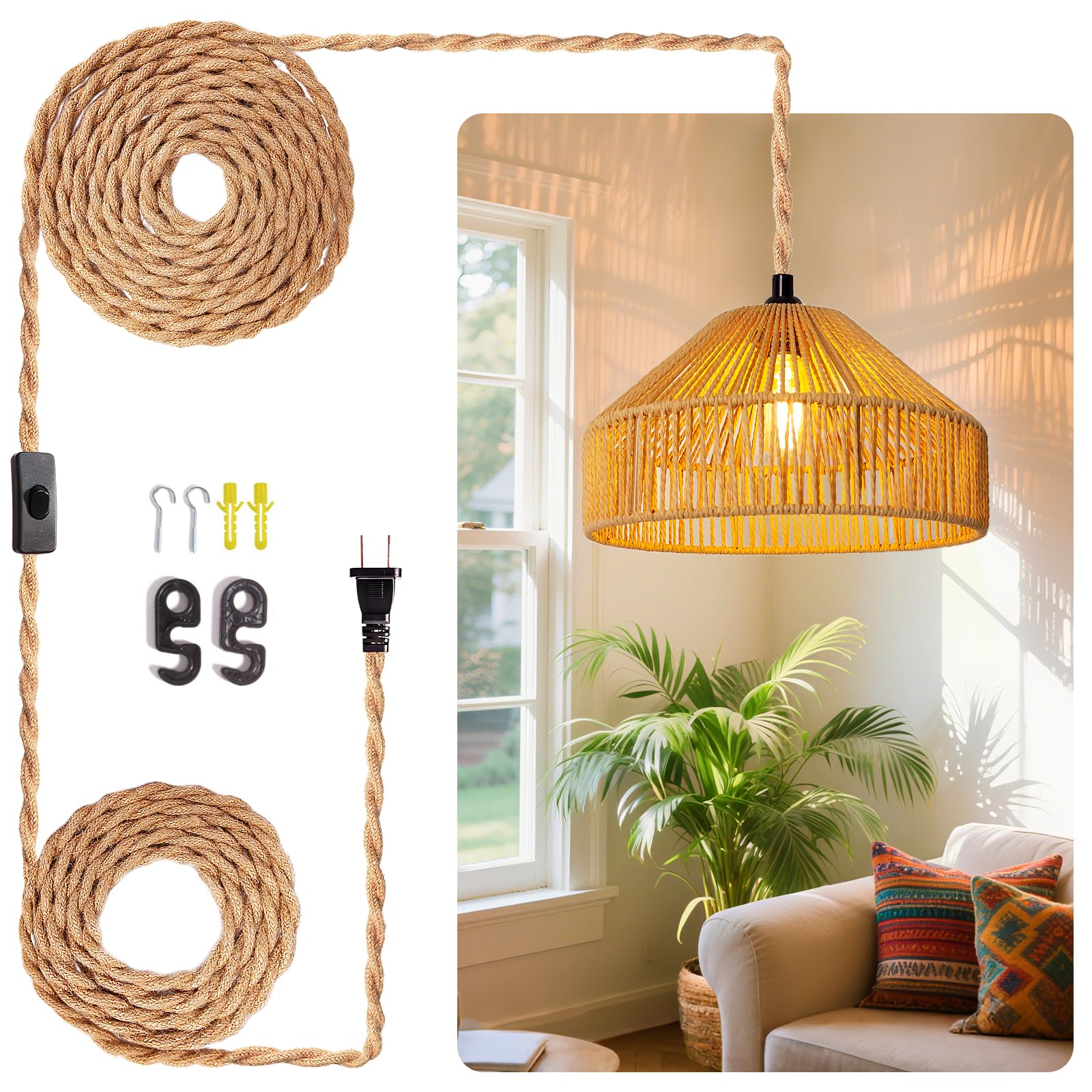 Hanging Lamps Rattan Pendant Light Hanging Lights 16.4ft Plug in Cord Pendant Light Fixture Plug Into Wall Outlet Pendant Lighting with On Off Switch for Bedroom Living (Egg Shade)