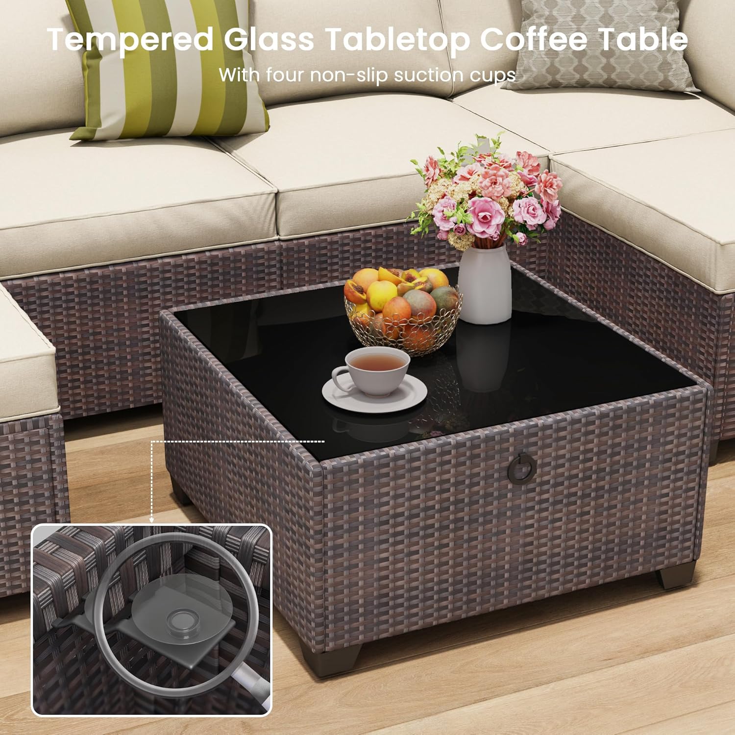7 Piece Outdoor Patio Furniture Set, Outdoor Sectional Furniture, Rattan & Wicker Modern Modular Conversation Set Sectional Sofa W/Water Resistant Washable Thick Cushions and Coffee Table, Brown/Beige