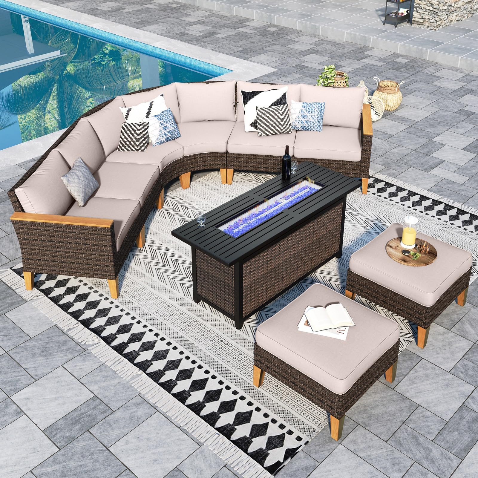 Sophia & William Half Moon Patio Furniture Set 7 Piece Outdoor Sectional Sofa Set, Wicker Patio Conversation Set with 2 Curved Sofa, 1 Armless Chairs, 2 Ottoman for Pool, Deck, Lawn (Beige)