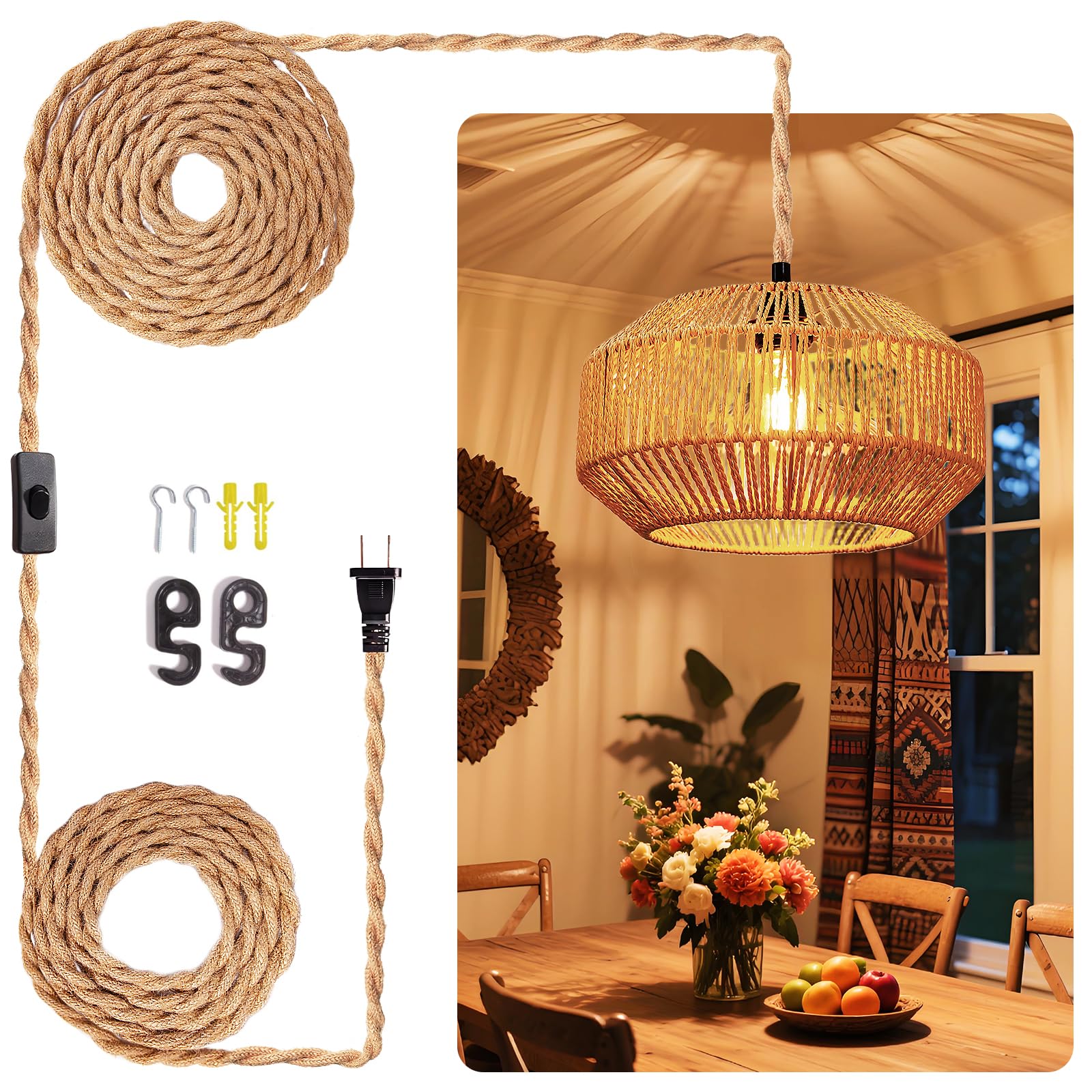 Hanging Lamps Rattan Pendant Light Hanging Lights 16.4ft Plug in Cord Pendant Light Fixture Plug Into Wall Outlet Pendant Lighting with On Off Switch for Bedroom Living (Egg Shade)