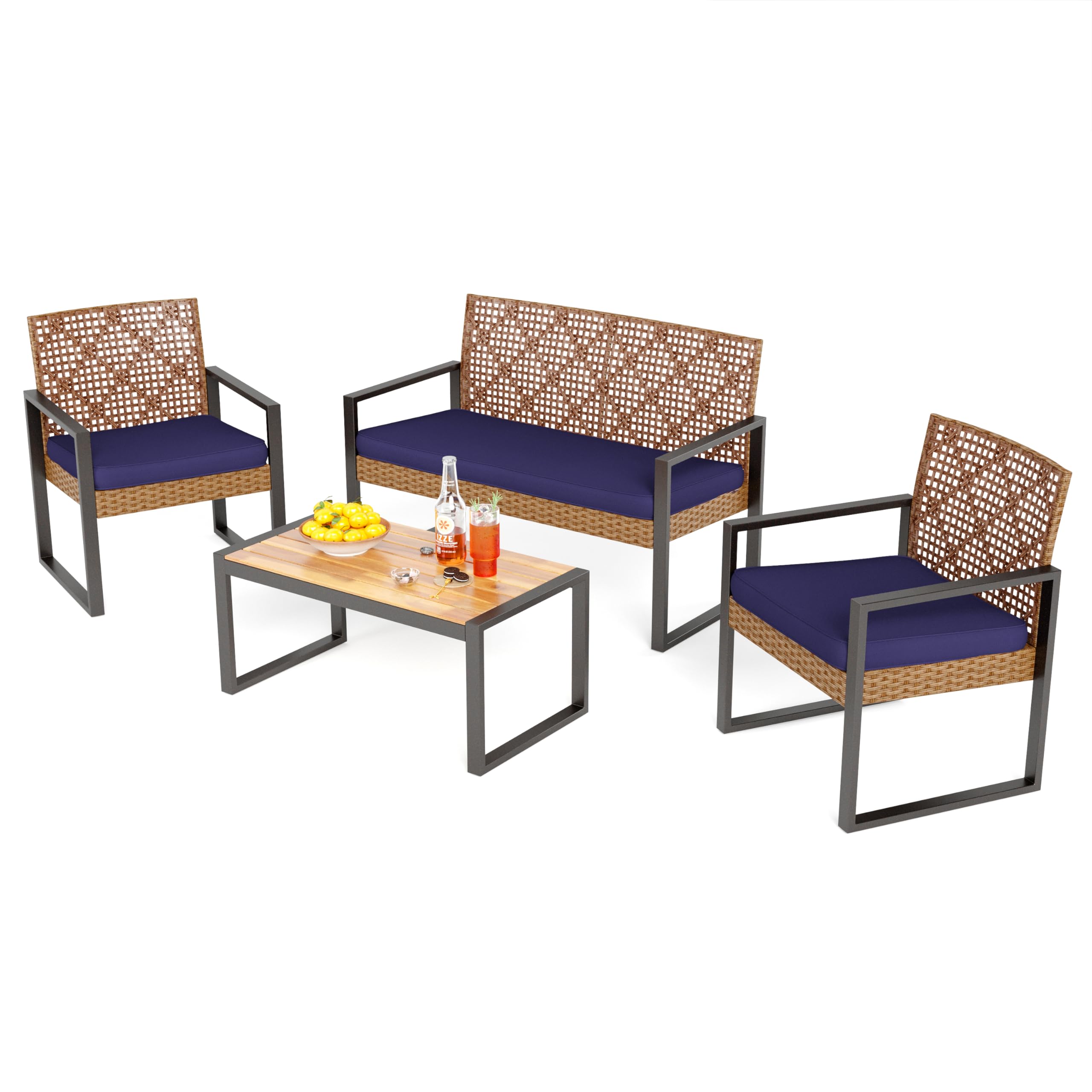 PHI VILLA Patio Wicker Furniture Set for 4, Brown Rattan Loveseat & Chairs with Beige Cushions & Acacia Wood Coffee Table, Outdoor Conversation Sofa Set for Deck, Yard, Porch (Round Hole Back)