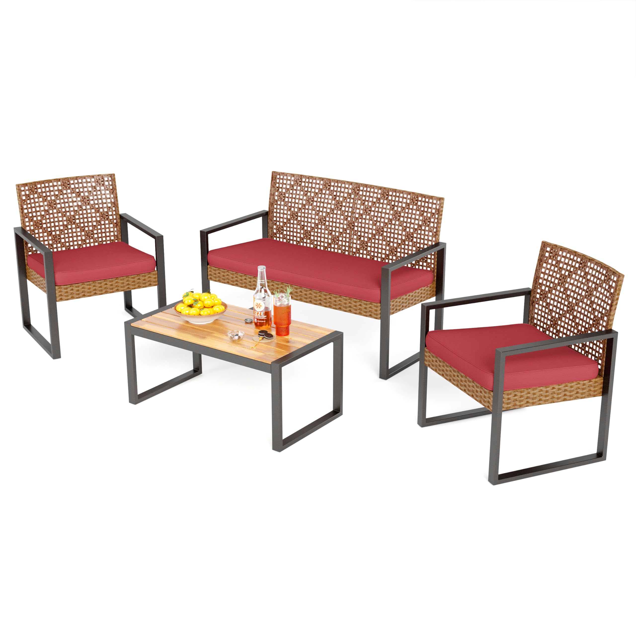 PHI VILLA Patio Wicker Furniture Set for 4, Brown Rattan Loveseat & Chairs with Beige Cushions & Acacia Wood Coffee Table, Outdoor Conversation Sofa Set for Deck, Yard, Porch (Round Hole Back)