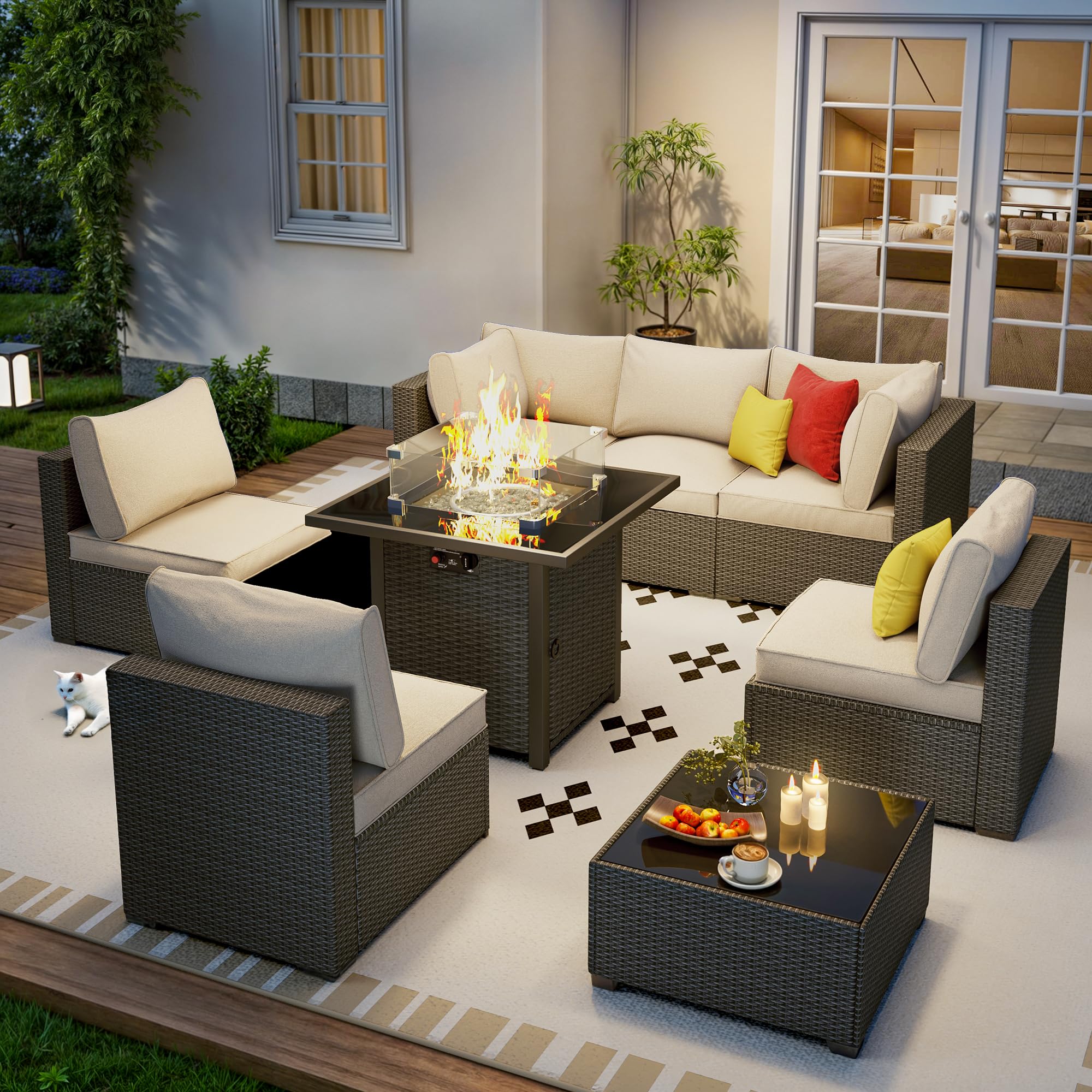 7 Piece Outdoor Patio Furniture Set, Outdoor Sectional Furniture, Rattan & Wicker Modern Modular Conversation Set Sectional Sofa W/Water Resistant Washable Thick Cushions and Coffee Table, Brown/Beige