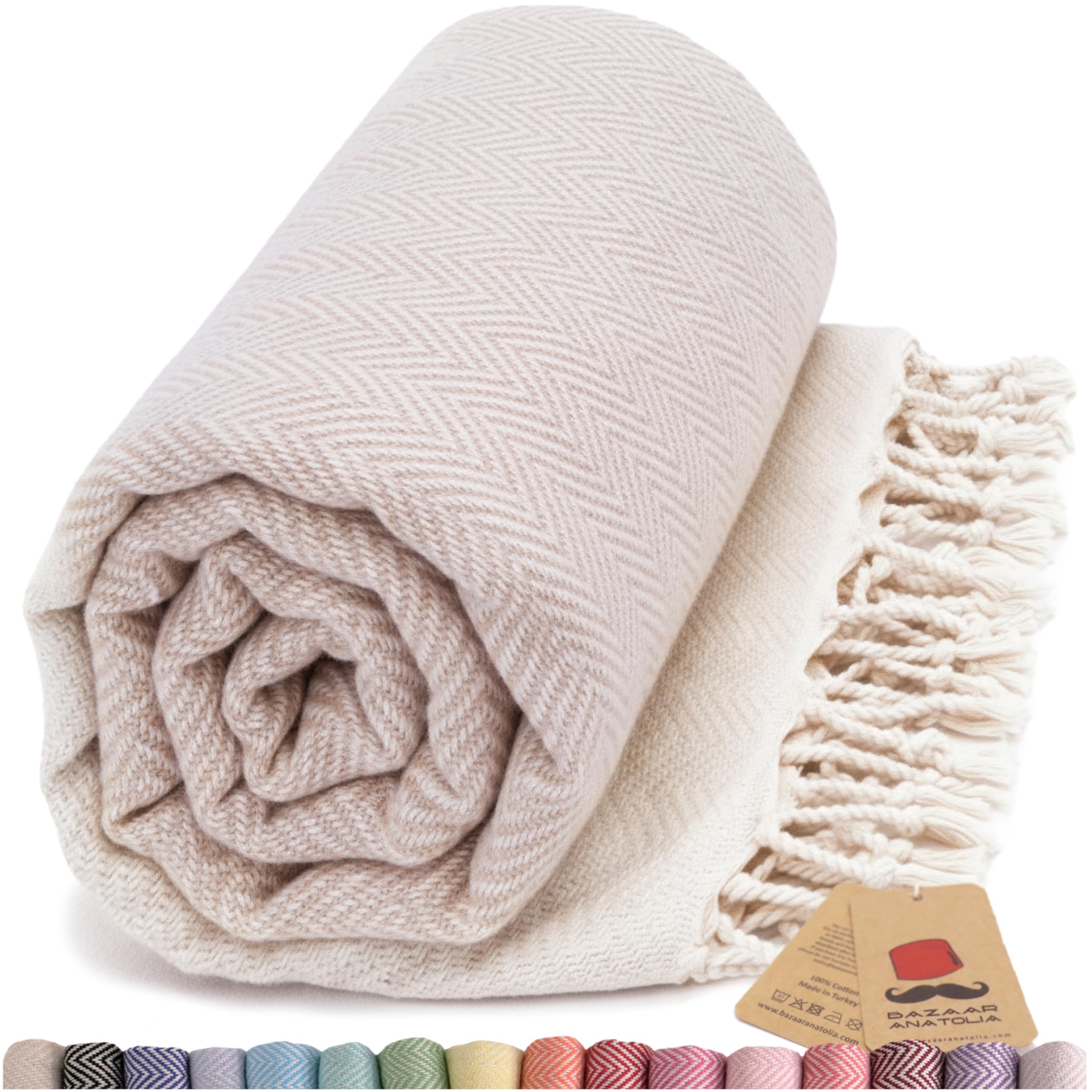 Bazaar Anatolia Turkish Bath Towel – 100% Cotton, Quick Dry Boho Farmhouse Decor, Autumn Throw Blanket for Bathroom – Oversized 71x39 Inches – Arpa Beige