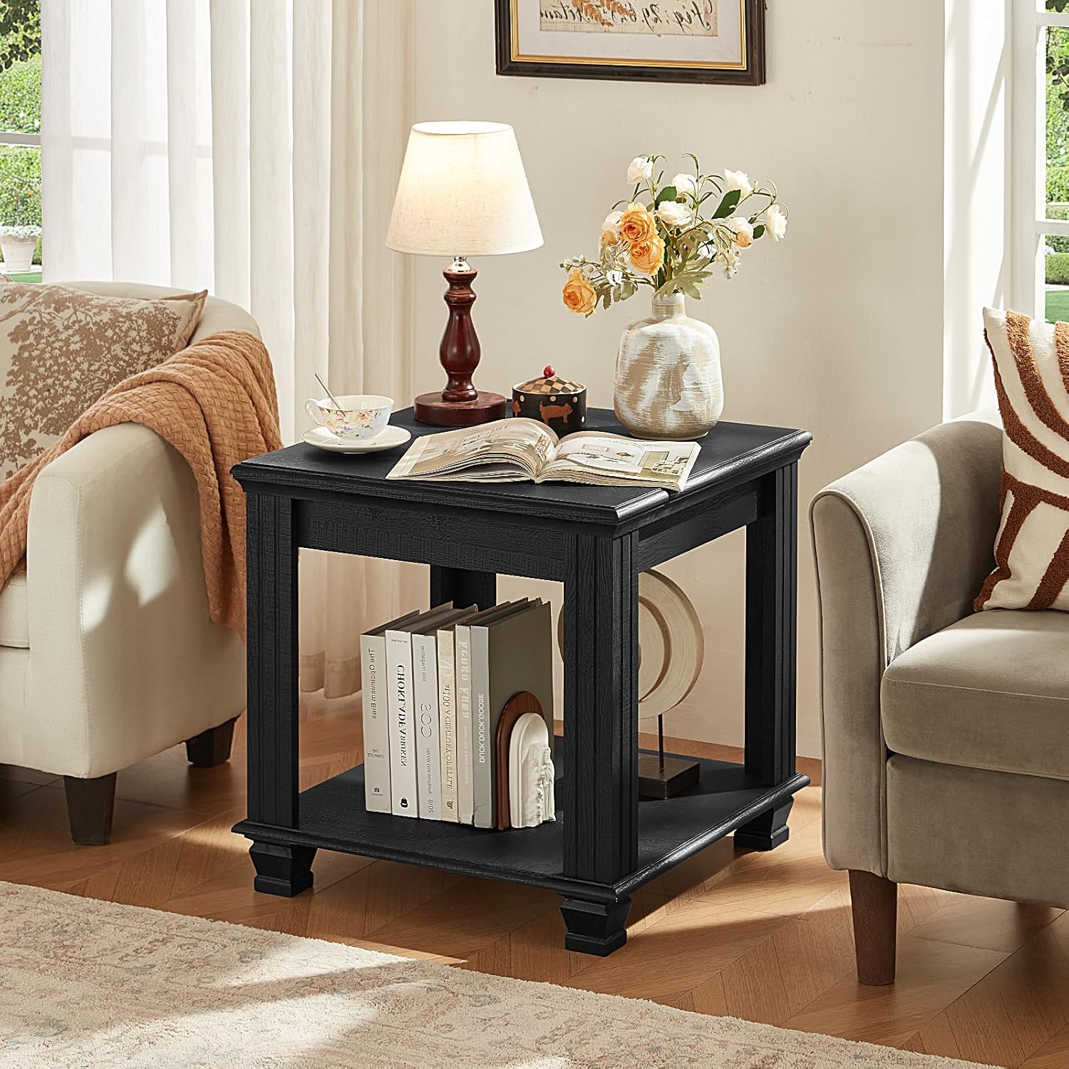 Farmhouse End Table Set of 2,Large Side Table with 2-Tier Storage Shelf,Rustic Wood End Tables for Living Room,Square Tea Table, Black