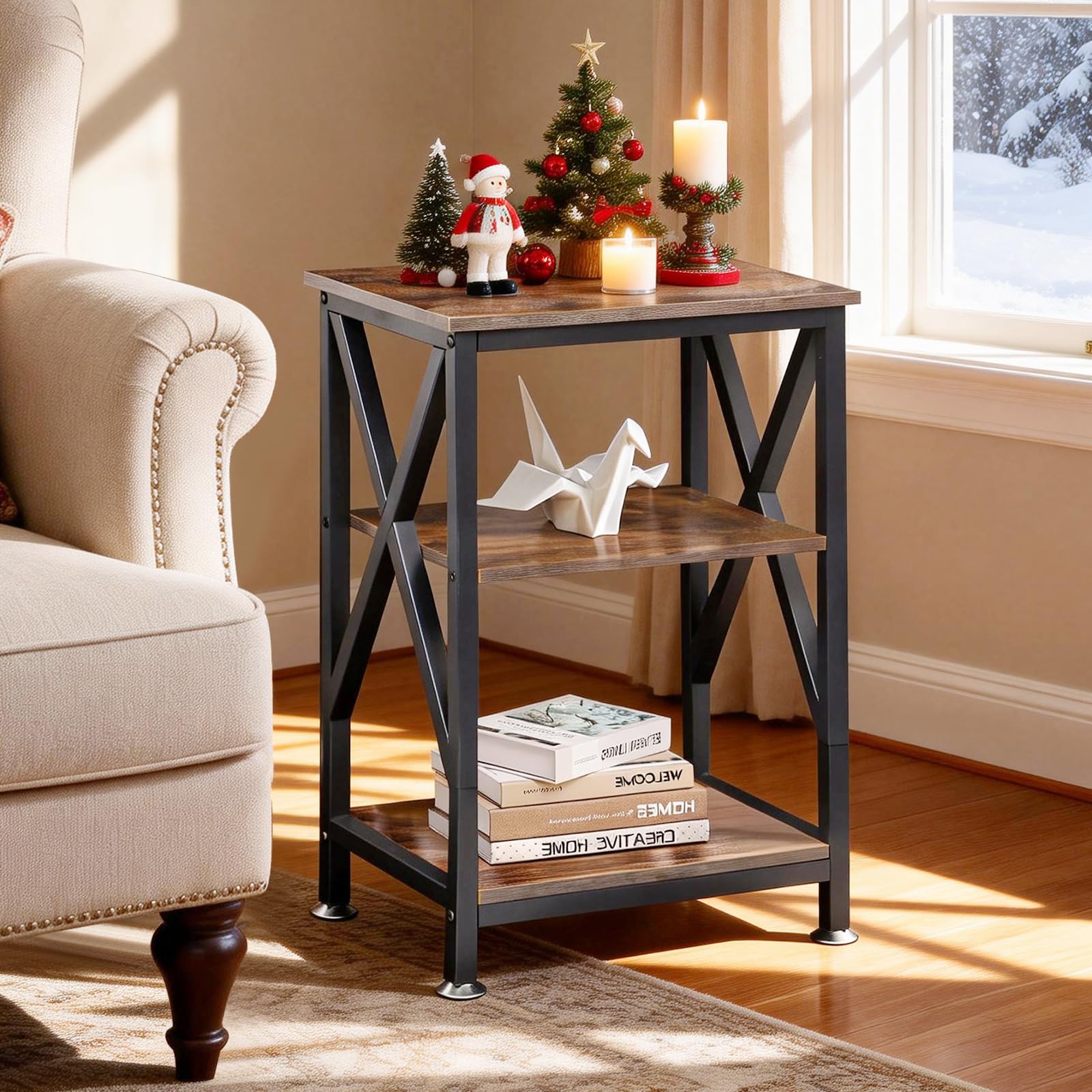 End Tables Living Room Set of 2, 16" D x 16" W x 24" H, Indoor End Tables Living Room with Storage Shelf, Square End Table Set of 2, X-Shaped Night Stands for Bedroom, Farmhouse Wood Side Tables