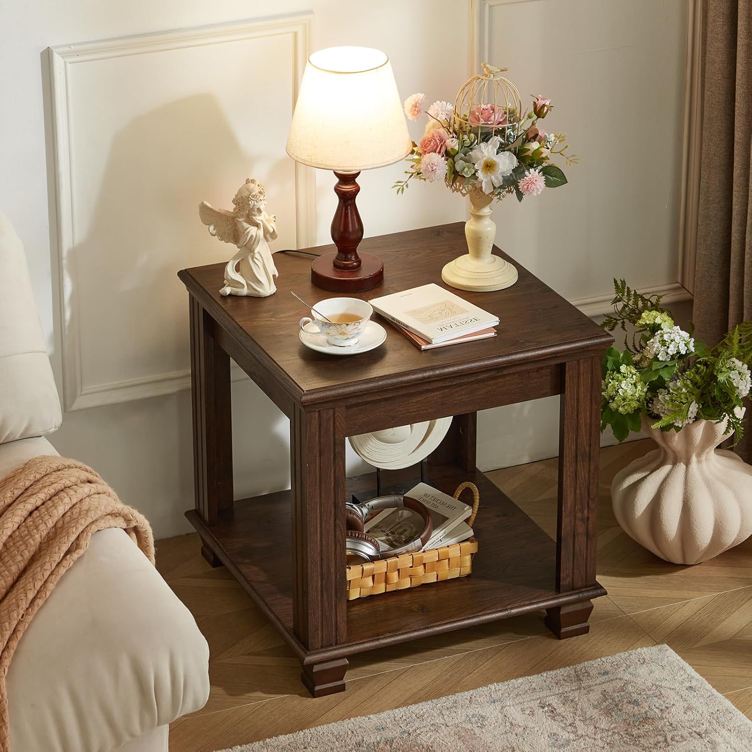 Farmhouse End Table Set of 2,Large Side Table with 2-Tier Storage Shelf,Rustic Brown End Tables for Living Room,Square Tea Table,Walnut