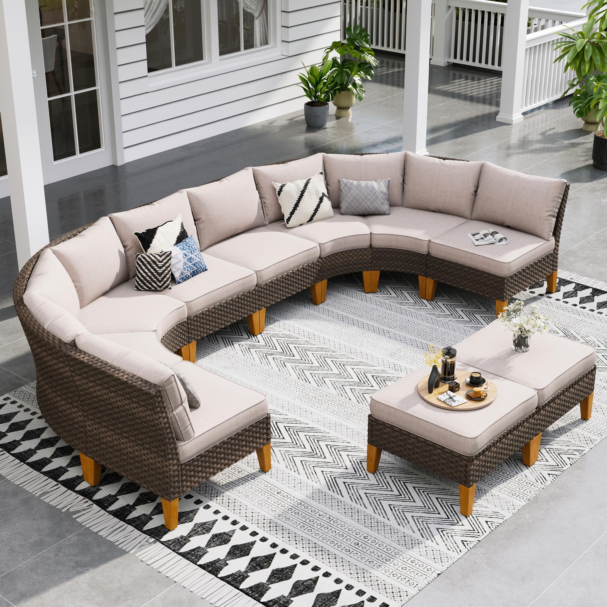 Sophia & William Half Moon Patio Furniture Set 7 Piece Outdoor Sectional Sofa Set, Wicker Patio Conversation Set with 2 Curved Sofa, 1 Armless Chairs, 2 Ottoman for Pool, Deck, Lawn (Beige)