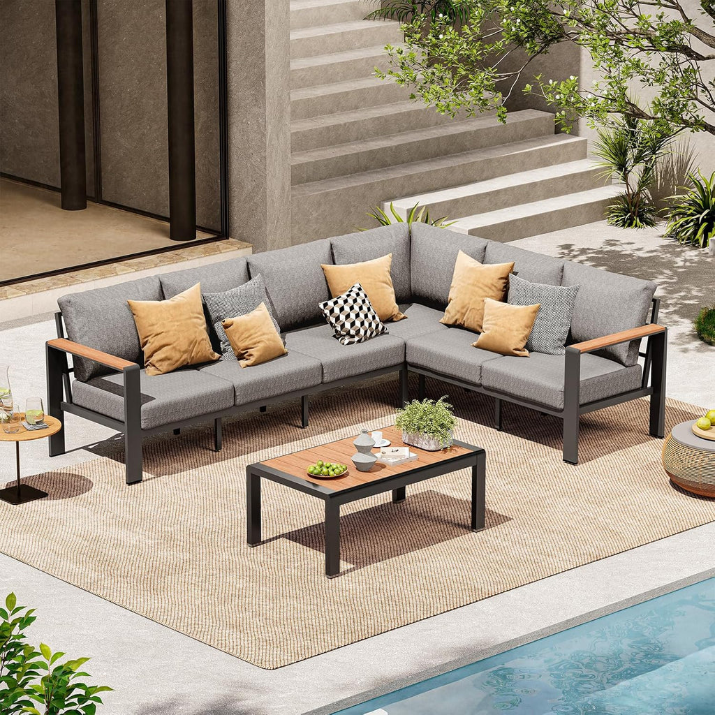 Aluminum Outdoor Patio Furniture Set 6 Seats, Outdoor Sectional Corner Sofa with Thick Waterproof Cushions & Coffee Table, Patio Conversation Sets for Backyard, Porch, Balcony, Deck, Gray