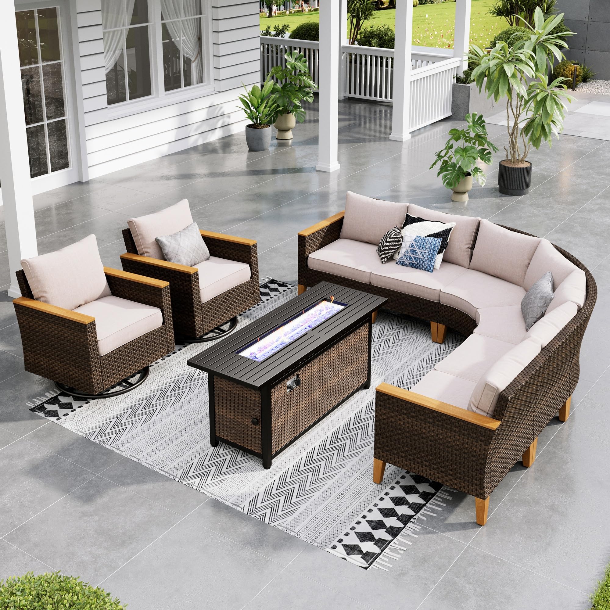 Sophia & William Half Moon Patio Furniture Set 7 Piece Outdoor Sectional Sofa Set, Wicker Patio Conversation Set with 2 Curved Sofa, 1 Armless Chairs, 2 Ottoman for Pool, Deck, Lawn (Beige)