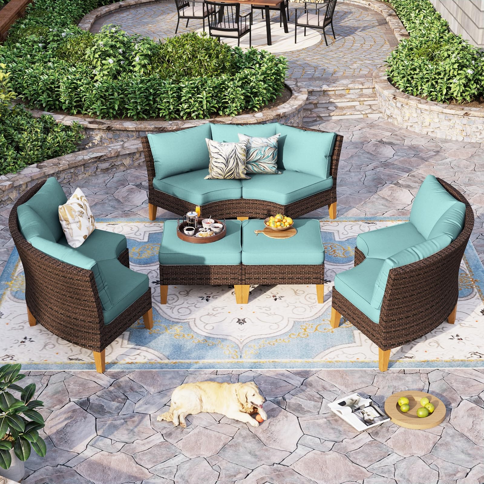 Sophia & William Half Moon Patio Furniture Set 7 Piece Outdoor Sectional Sofa Set, Wicker Patio Conversation Set with 2 Curved Sofa, 1 Armless Chairs, 2 Ottoman for Pool, Deck, Lawn (Beige)