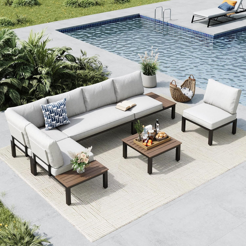 MFSTUDIO 6 Pieces Patio Furniture Set, Metal Outdoor Sectional Sofa Modular Outdoor Couch, Modern Patio Conversation Set with Coffee Table for Backyard, Garden