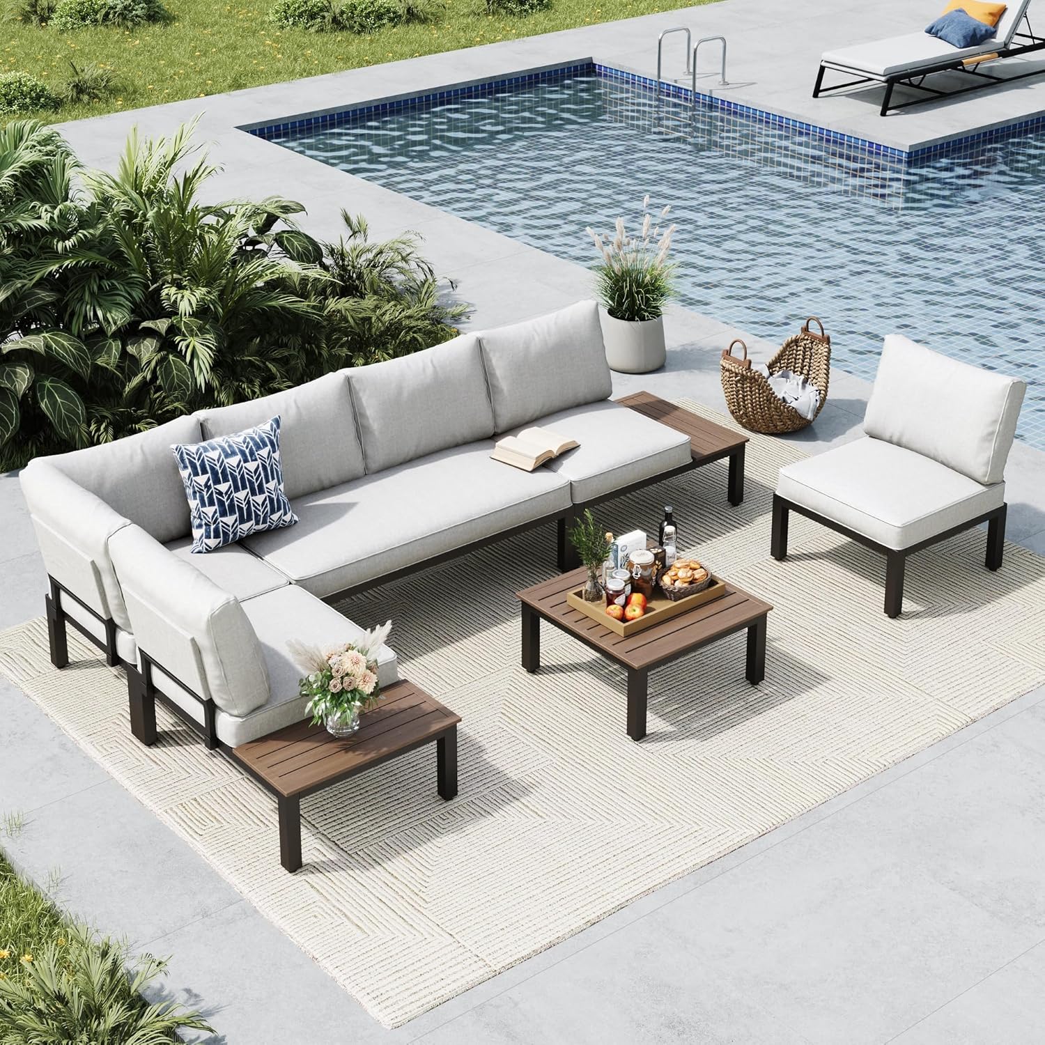 MFSTUDIO 6 Pieces Patio Furniture Set, Metal Outdoor Sectional Sofa Modular Outdoor Couch, Modern Patio Conversation Set with Coffee Table for Backyard, Garden