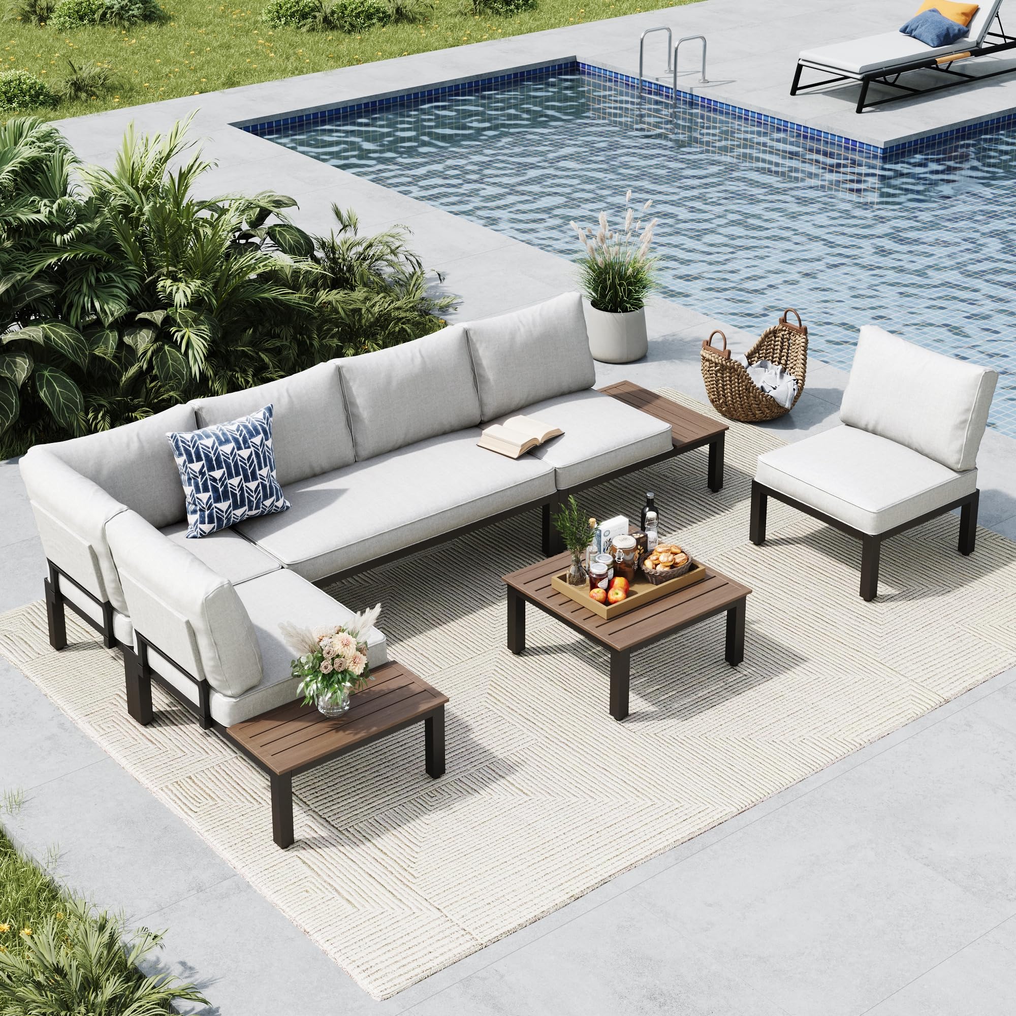 MFSTUDIO 6 Pieces Patio Furniture Set, Metal Outdoor Sectional Sofa Modular Outdoor Couch, Modern Patio Conversation Set with Coffee Table for Backyard, Garden