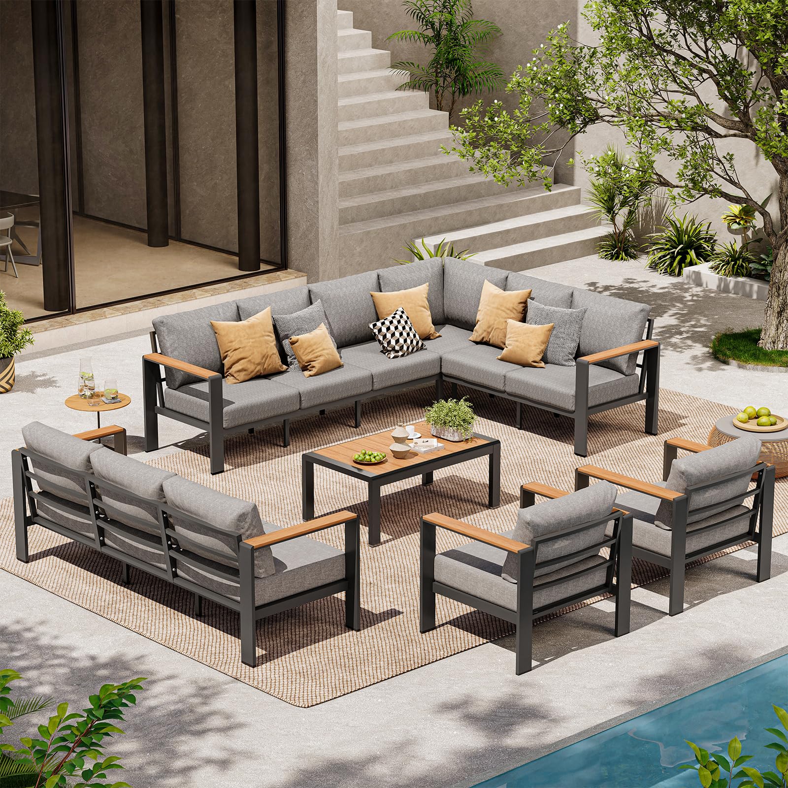 Aluminum Outdoor Patio Furniture Set 6 Seats, Outdoor Sectional Corner Sofa with Thick Waterproof Cushions & Coffee Table, Patio Conversation Sets for Backyard, Porch, Balcony, Deck, Gray