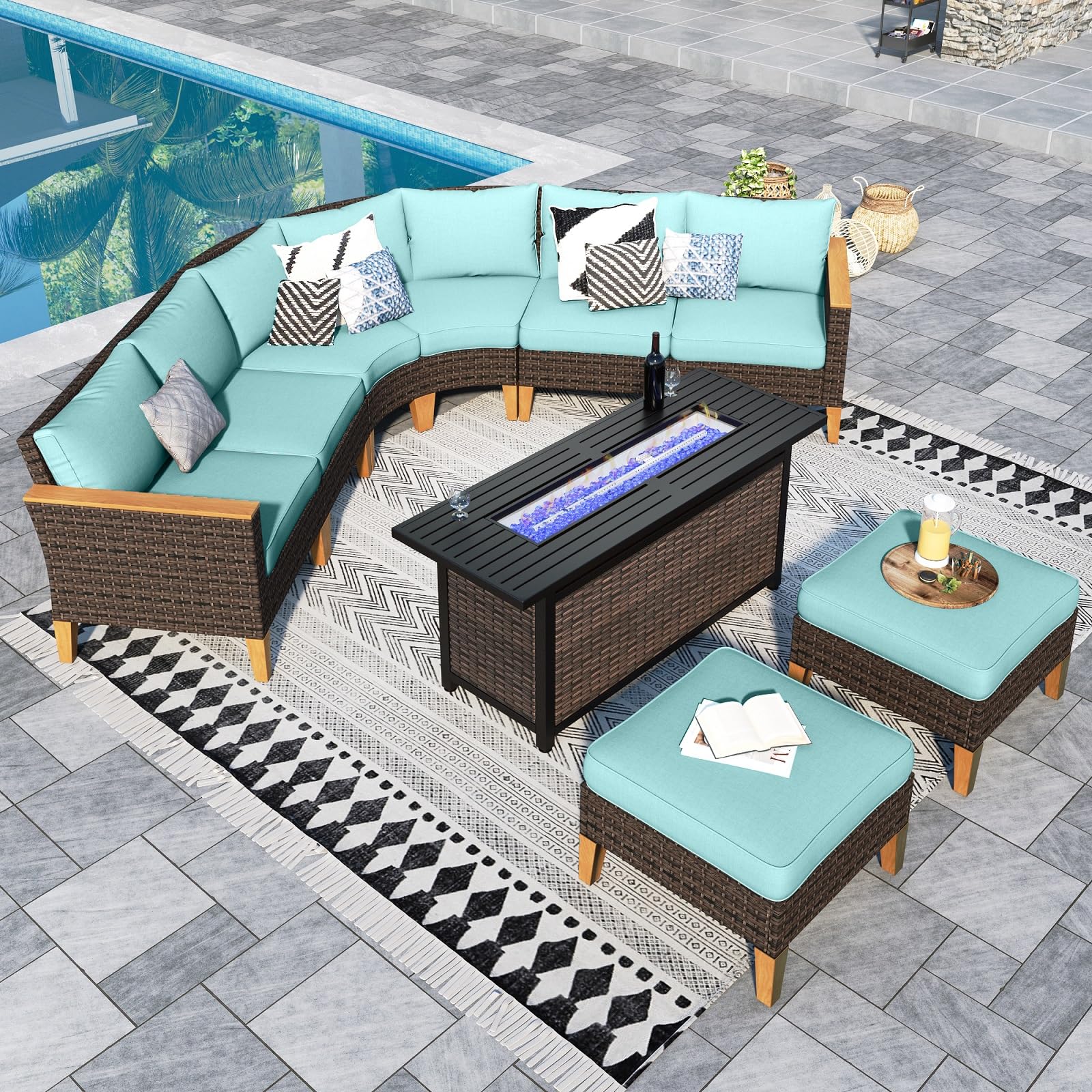 Sophia & William Half Moon Patio Furniture Set 7 Piece Outdoor Sectional Sofa Set, Wicker Patio Conversation Set with 2 Curved Sofa, 1 Armless Chairs, 2 Ottoman for Pool, Deck, Lawn (Beige)