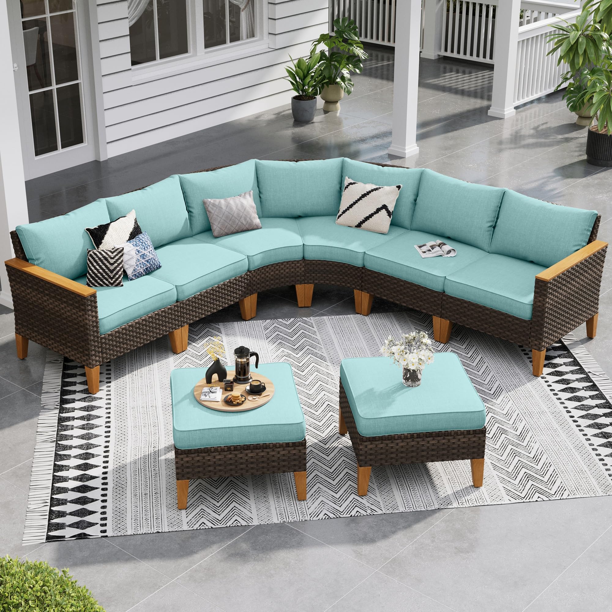 Sophia & William Half Moon Patio Furniture Set 7 Piece Outdoor Sectional Sofa Set, Wicker Patio Conversation Set with 2 Curved Sofa, 1 Armless Chairs, 2 Ottoman for Pool, Deck, Lawn (Beige)