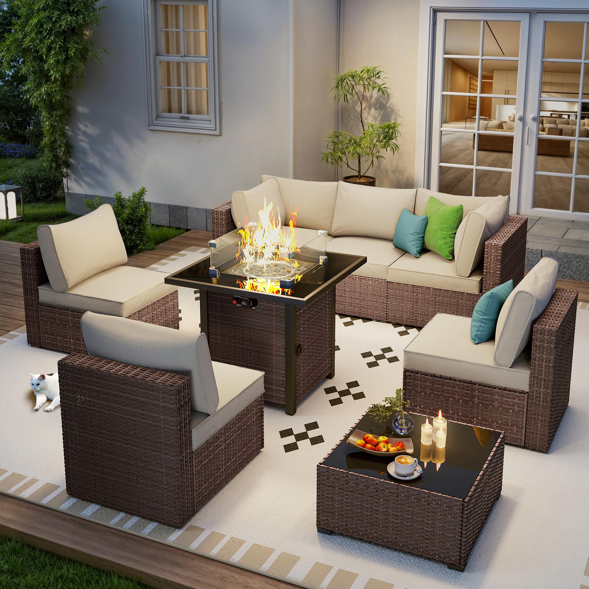 7 Piece Outdoor Patio Furniture Set, Outdoor Sectional Furniture, Rattan & Wicker Modern Modular Conversation Set Sectional Sofa W/Water Resistant Washable Thick Cushions and Coffee Table, Brown/Beige
