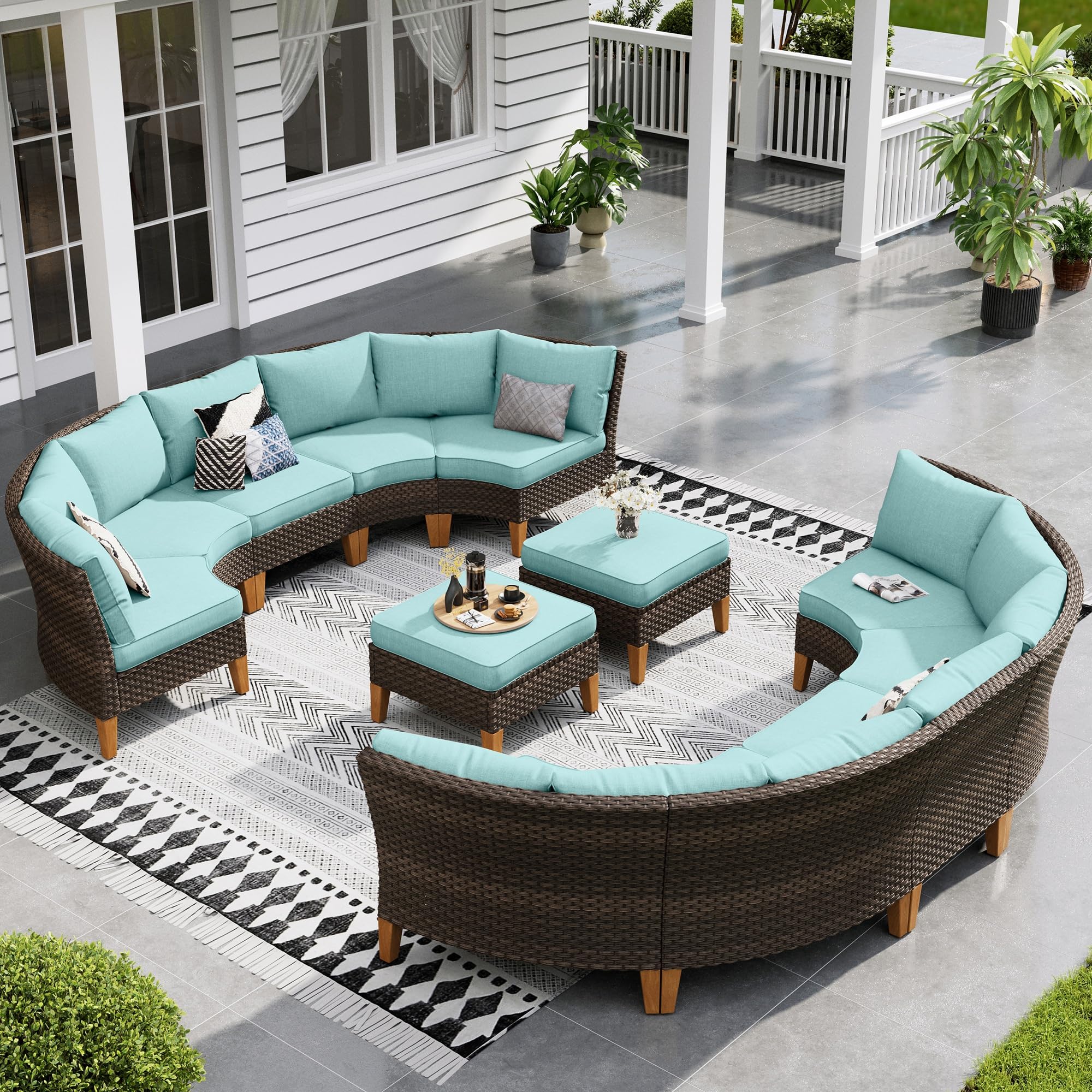 Sophia & William Half Moon Patio Furniture Set 7 Piece Outdoor Sectional Sofa Set, Wicker Patio Conversation Set with 2 Curved Sofa, 1 Armless Chairs, 2 Ottoman for Pool, Deck, Lawn (Beige)