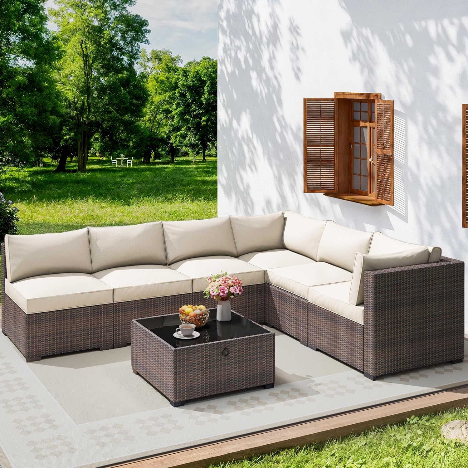 7 Piece Outdoor Patio Furniture Set, Outdoor Sectional Furniture, Rattan & Wicker Modern Modular Conversation Set Sectional Sofa W/Water Resistant Washable Thick Cushions and Coffee Table, Brown/Beige