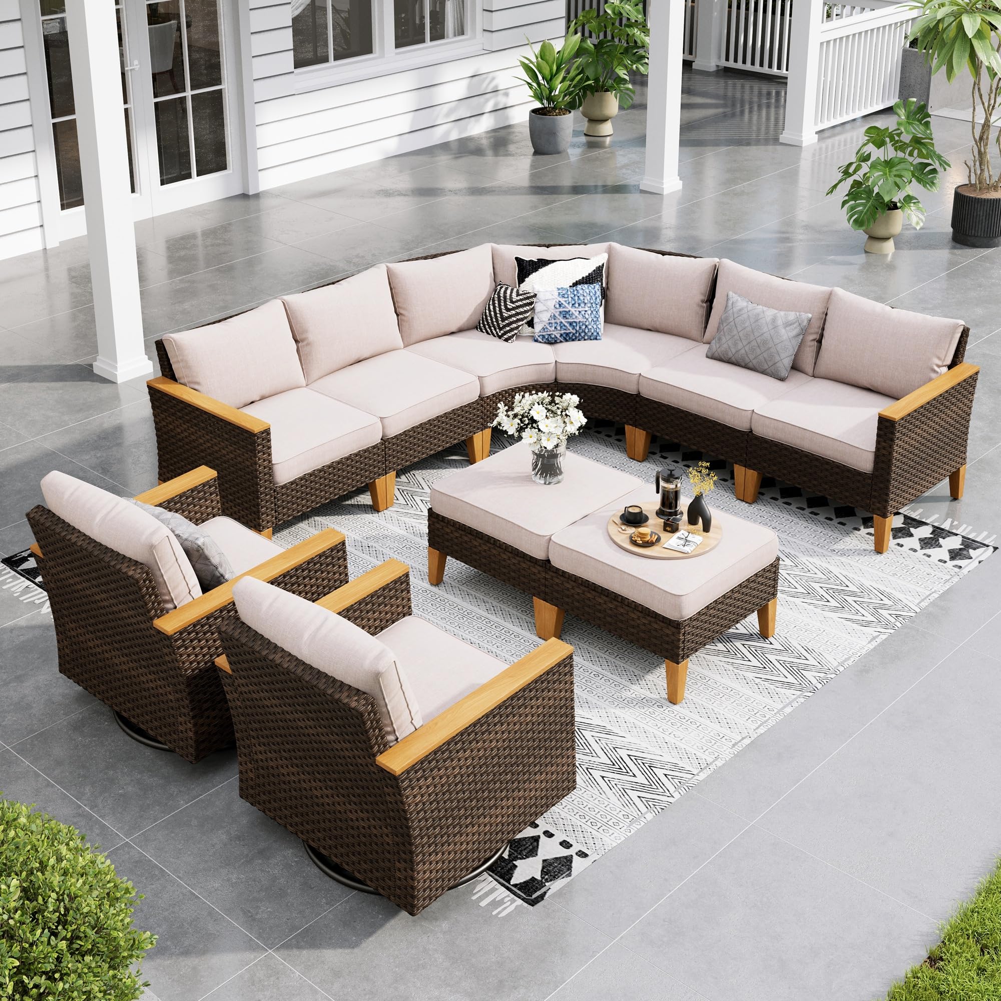 Sophia & William Half Moon Patio Furniture Set 7 Piece Outdoor Sectional Sofa Set, Wicker Patio Conversation Set with 2 Curved Sofa, 1 Armless Chairs, 2 Ottoman for Pool, Deck, Lawn (Beige)