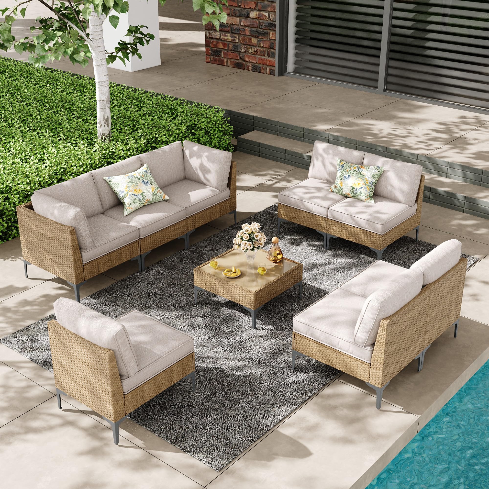 5-Piece Patio Furniture Set, Outdoor Wicker Sectional Sofa with Coffee Table, Anti-Slip & Thick All-Weather Cushions for Party, Garden, Backyard, Beige