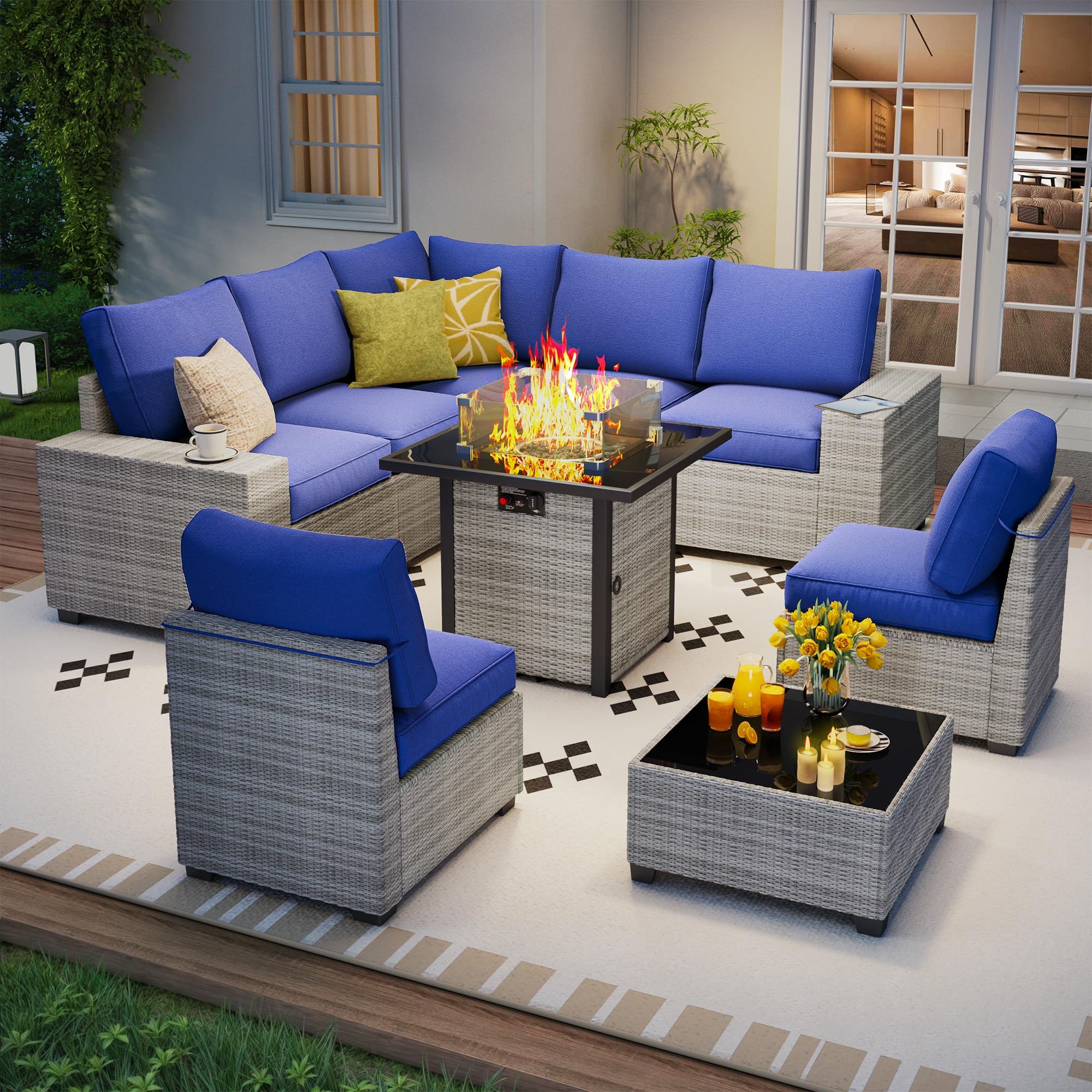 7 Piece Outdoor Patio Furniture Set, Outdoor Sectional Furniture, Rattan & Wicker Modern Modular Conversation Set Sectional Sofa W/Water Resistant Washable Thick Cushions and Coffee Table, Brown/Beige