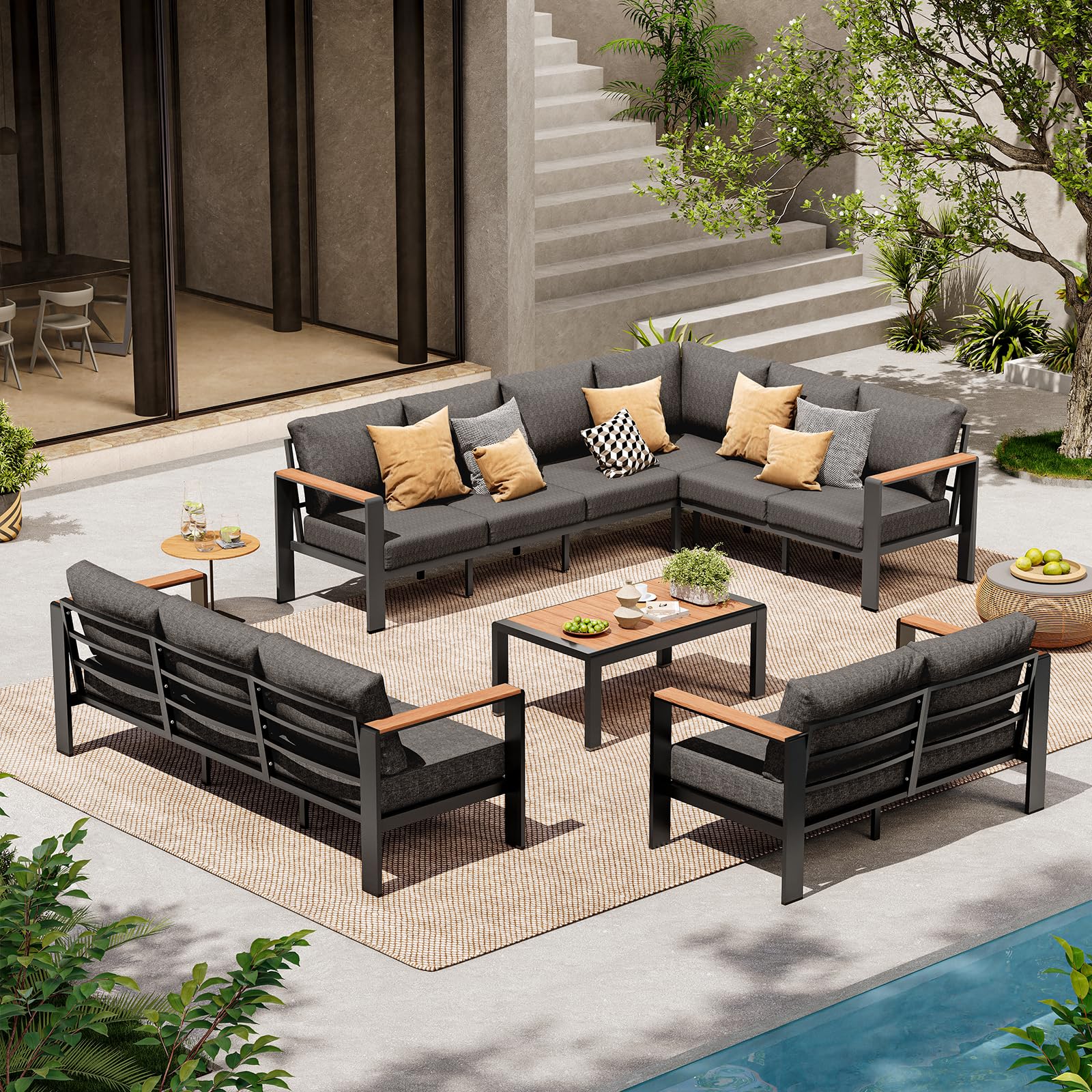 Aluminum Outdoor Patio Furniture Set 6 Seats, Outdoor Sectional Corner Sofa with Thick Waterproof Cushions & Coffee Table, Patio Conversation Sets for Backyard, Porch, Balcony, Deck, Gray