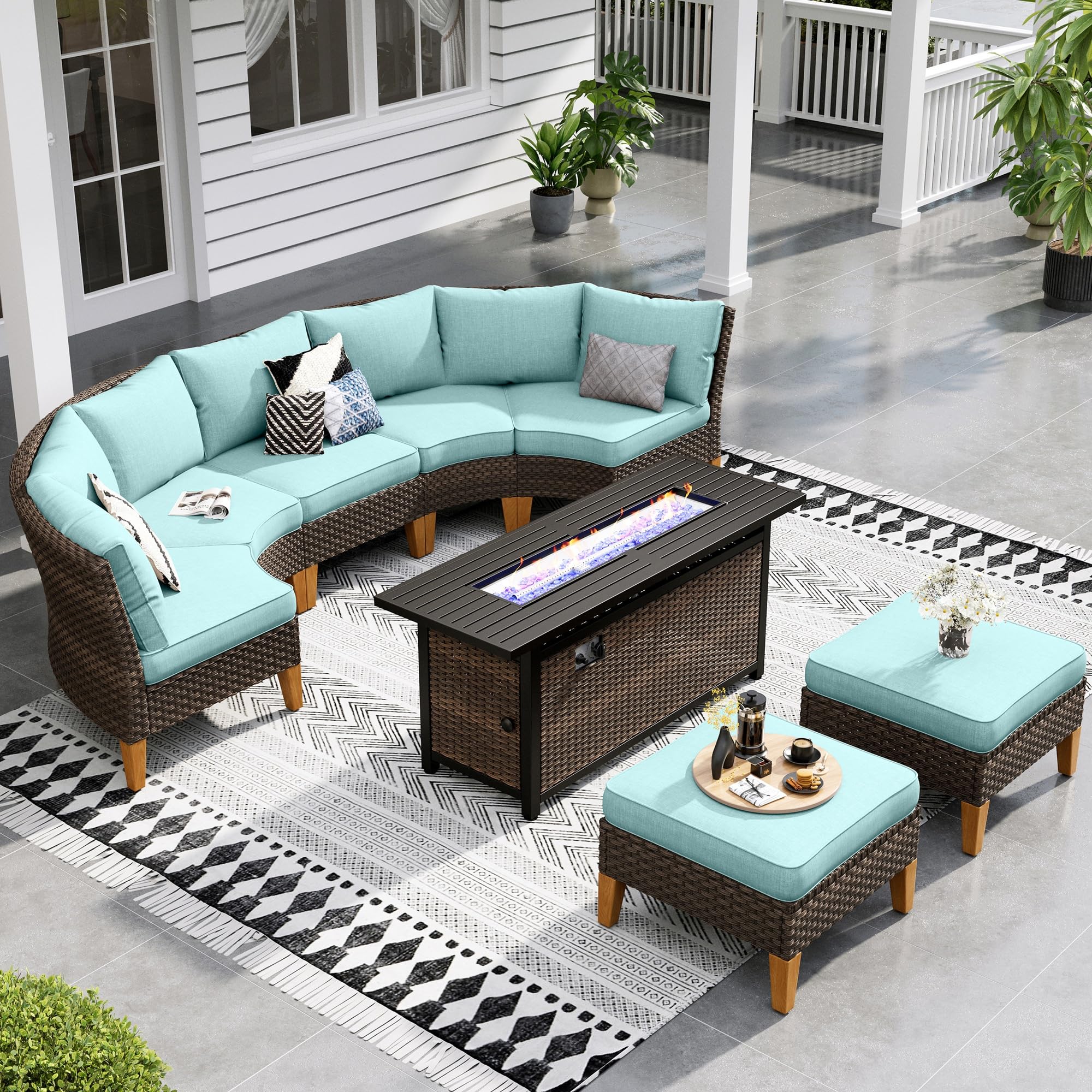 Sophia & William Half Moon Patio Furniture Set 7 Piece Outdoor Sectional Sofa Set, Wicker Patio Conversation Set with 2 Curved Sofa, 1 Armless Chairs, 2 Ottoman for Pool, Deck, Lawn (Beige)