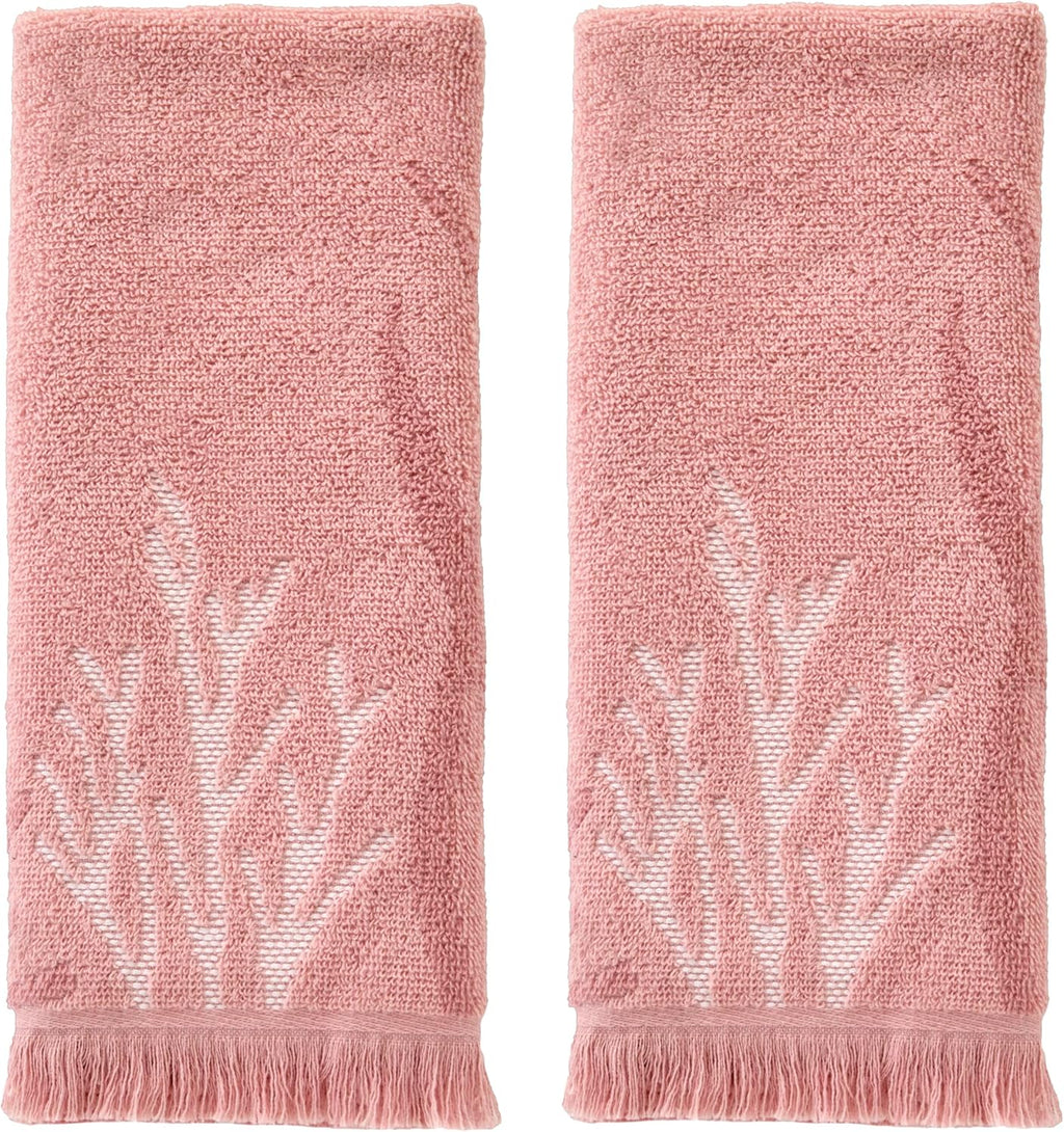 SKL Home Ocean Coral Sculpted 100% Cotton Premium 2-Piece Hand Towel Set, 450 GSM, Reversible Jacquard, Soft & Absorbent, Tropical/Coastal/Beach/Resort for Bath/Kitchen/Bar & Gift, Coral