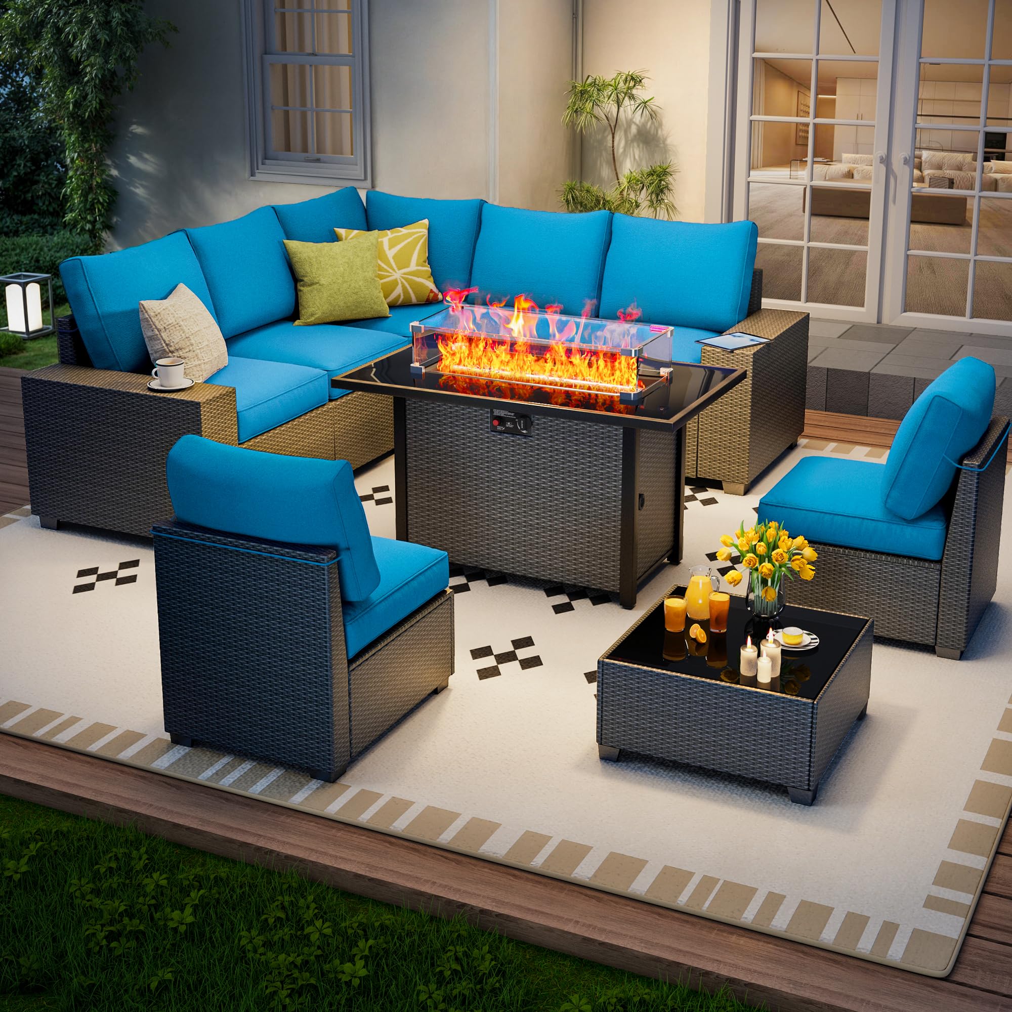 7 Piece Outdoor Patio Furniture Set, Outdoor Sectional Furniture, Rattan & Wicker Modern Modular Conversation Set Sectional Sofa W/Water Resistant Washable Thick Cushions and Coffee Table, Brown/Beige